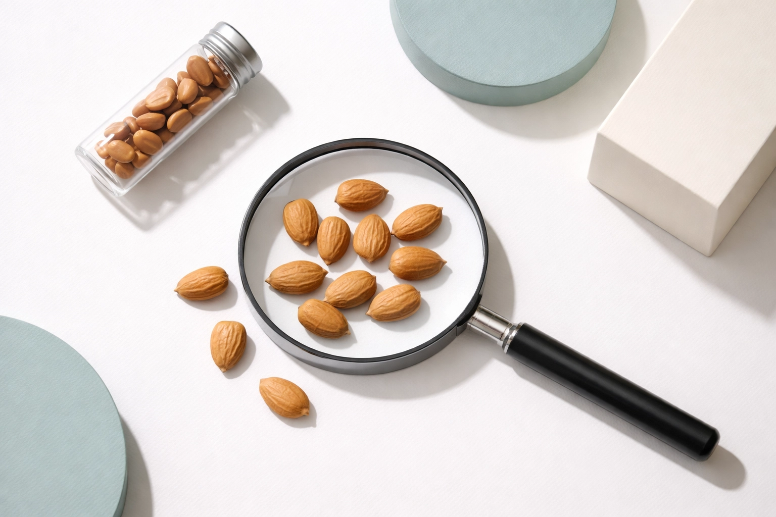 Magnifying glass over scattered apricot kernels, illustrating quality control in natural supplements UK.