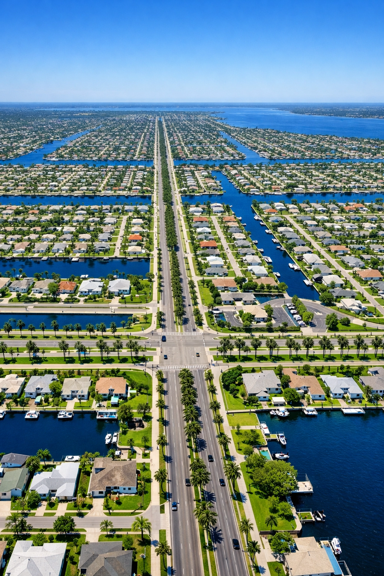 Aerial view of Cape Coral quadrants and the extensive canal grid system in Southwest Florida.