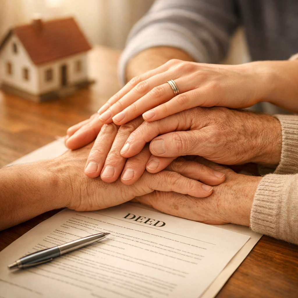 Three generations of family hands together on property deed and house model
