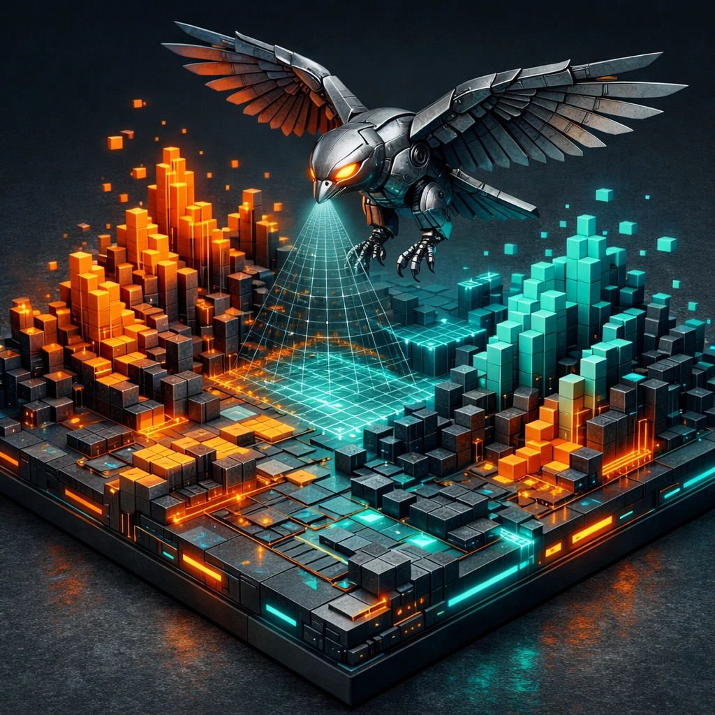 A dynamic digital landscape scanned by a hawk, symbolizing real-time monitoring of shifting search engine results.