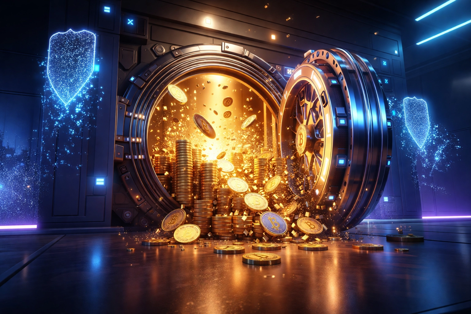 Digital vault opening to reveal coins and crypto tokens, symbolizing Web3 financial freedom and self-custody for merchants