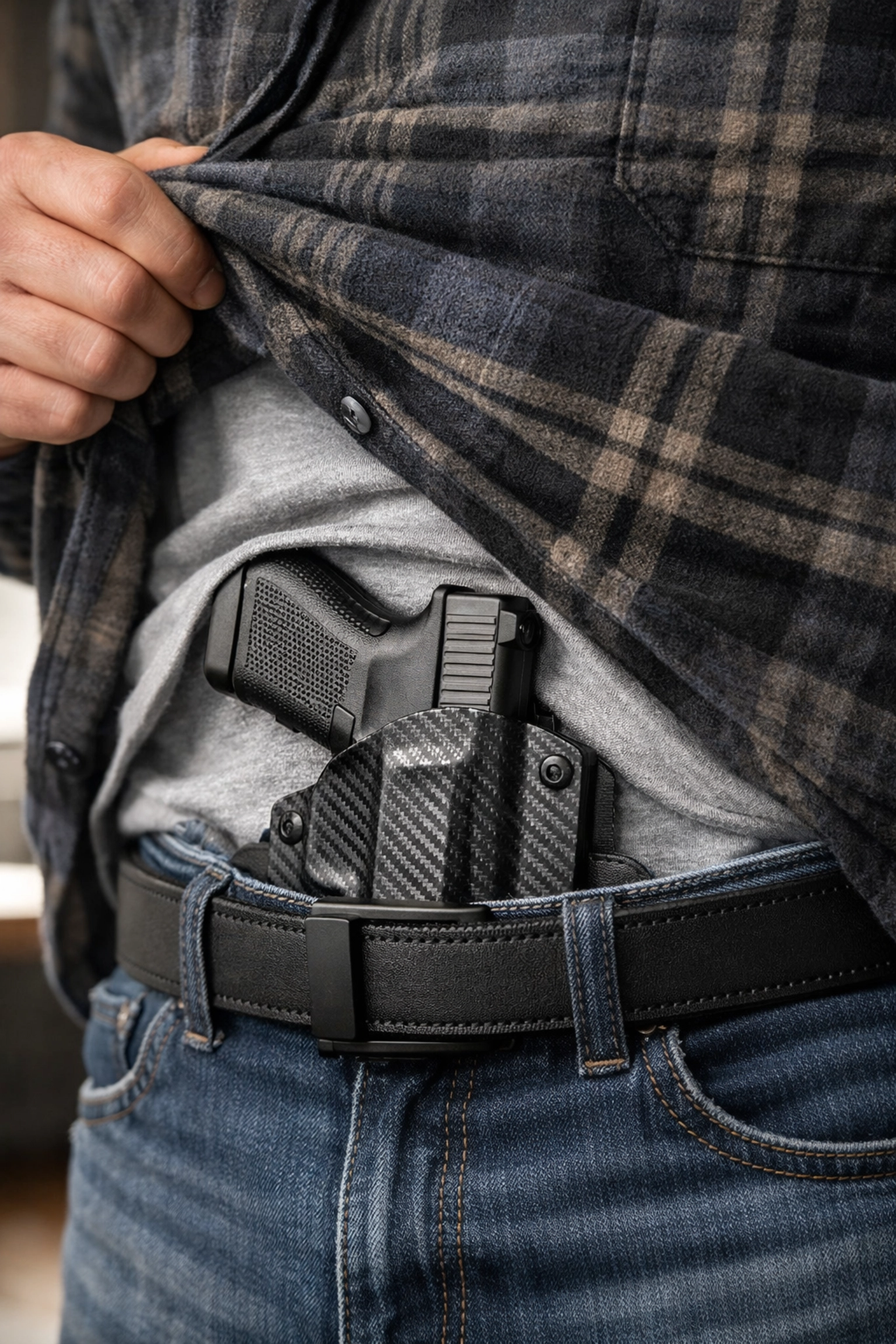 Plaid shirt layered over an IWB Kydex holster and gun belt for comfortable concealed carry.