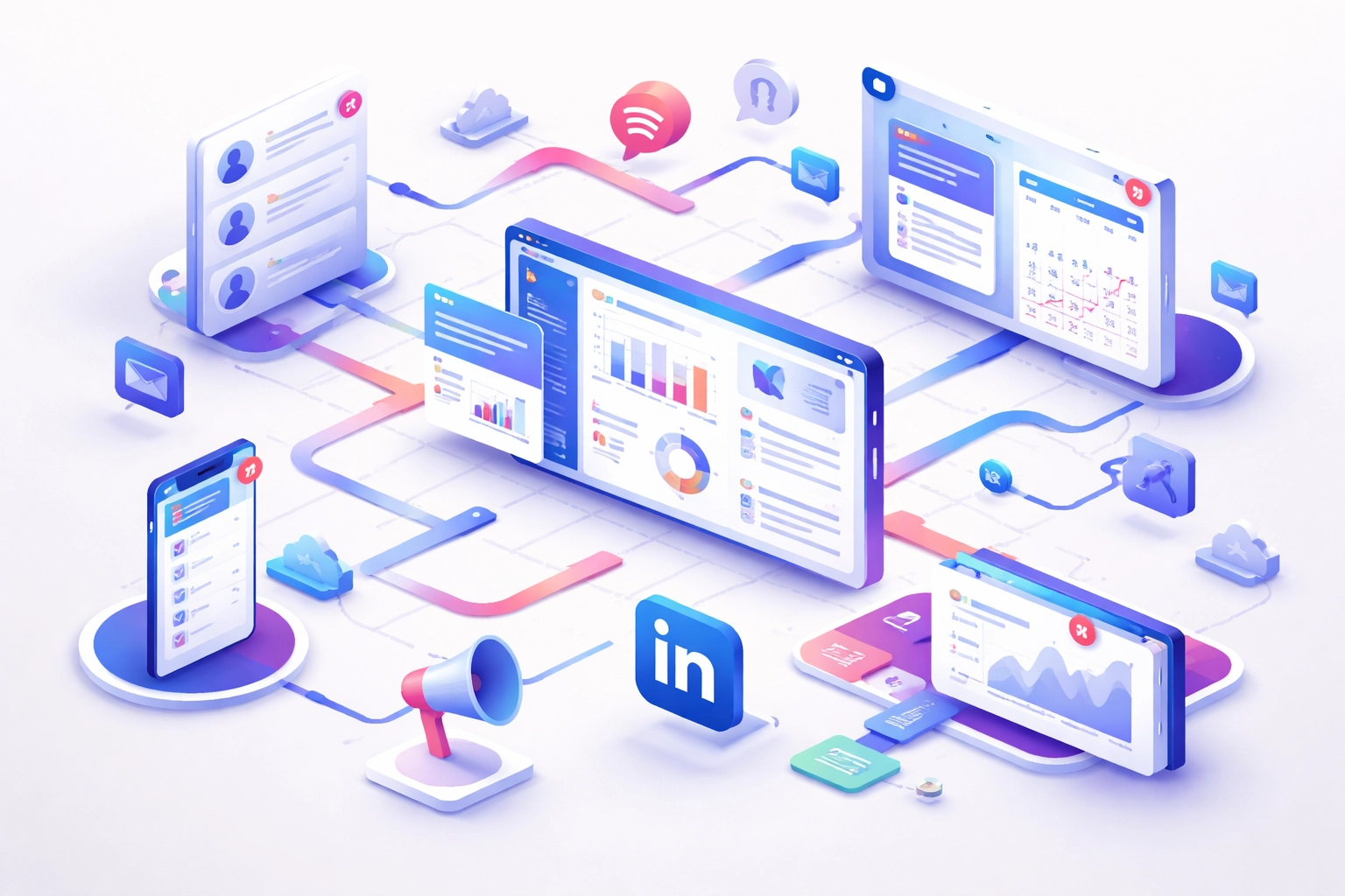 Illustration de plateformes digitales connectées pour une gestion d’événements LinkedIn efficace