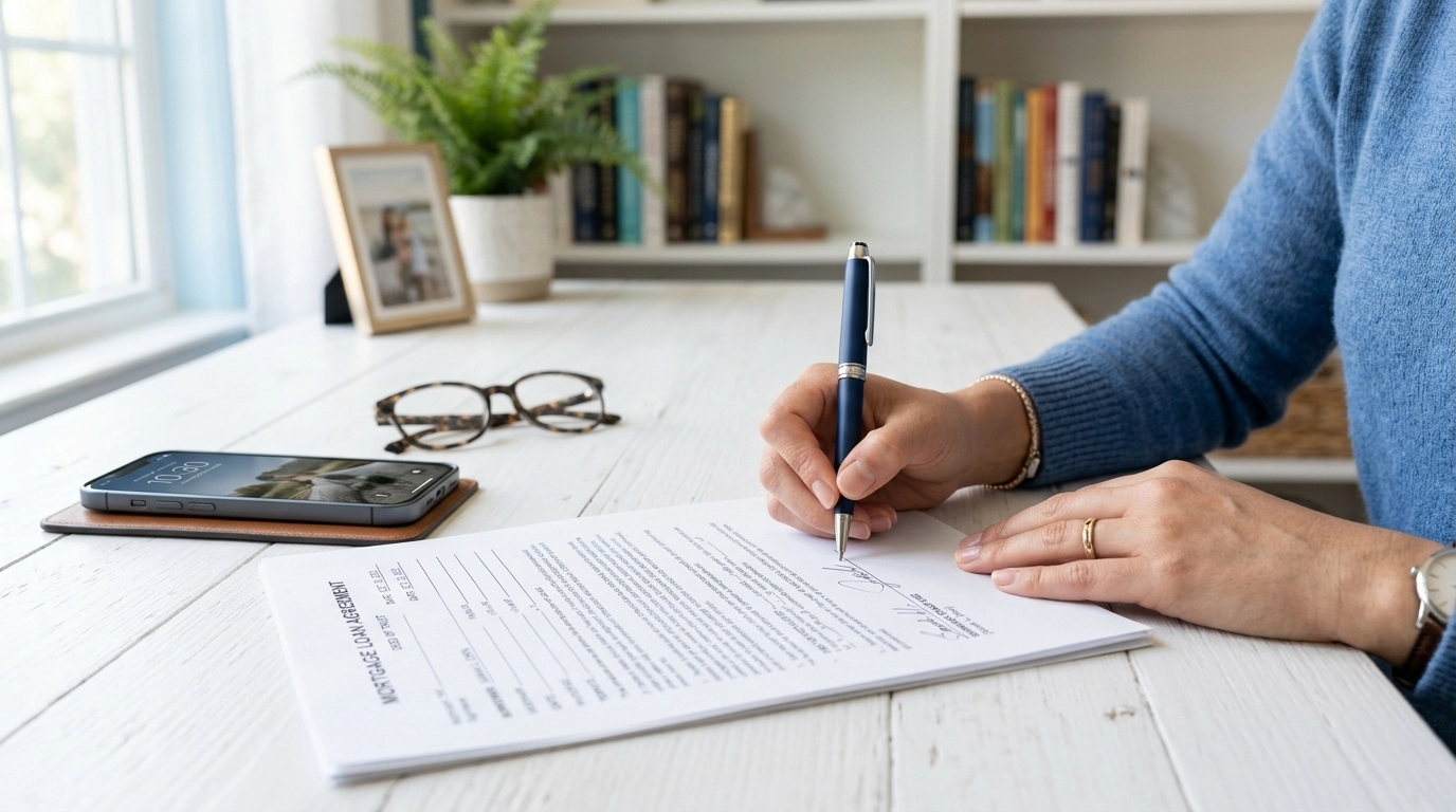 Hands holding a pen over a mortgage document on a clean desk.