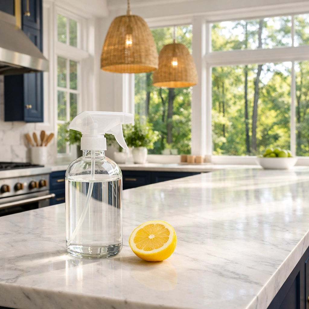 Eco-friendly residential cleaning in Boxford kitchen with natural products and marble countertops.
