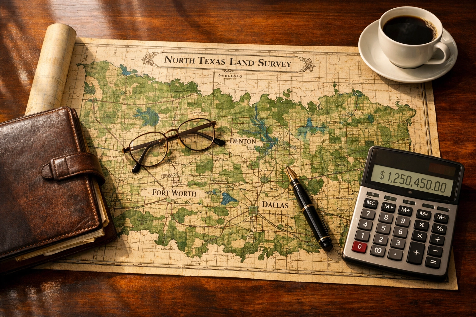 Land survey map and financial planning documents for North Texas property strategy