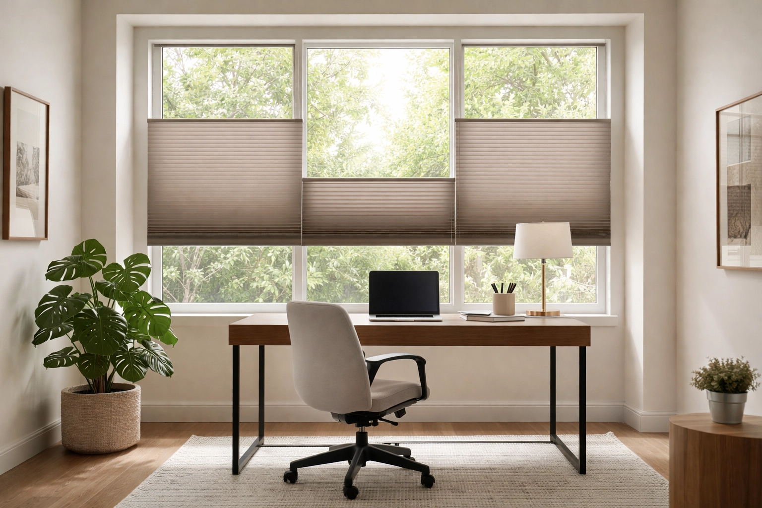 Modern home office with top-down cellular shades, showcasing light control and privacy window treatment options.