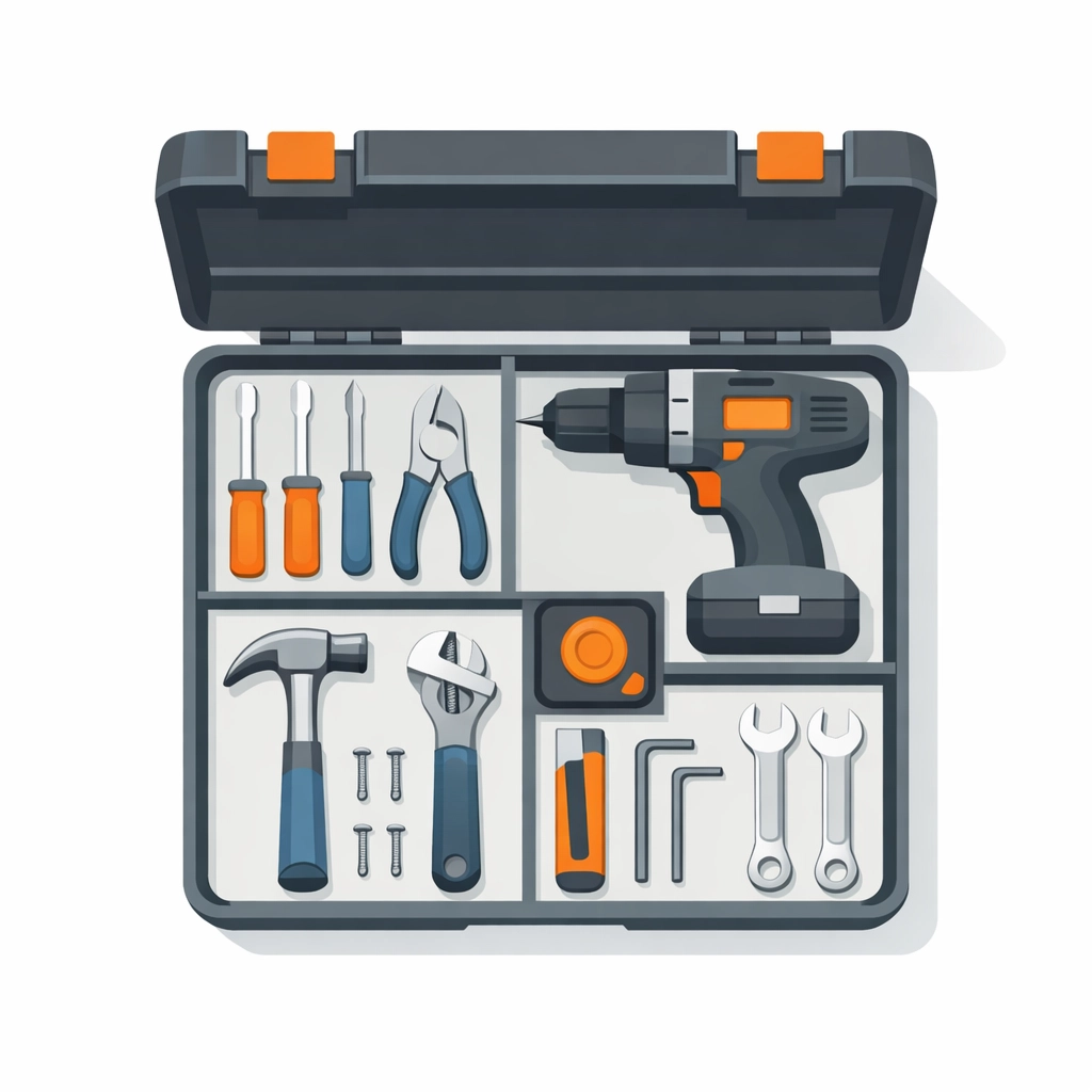 Organized handyman toolbox with drill, hammer, and tools ready for home repairs