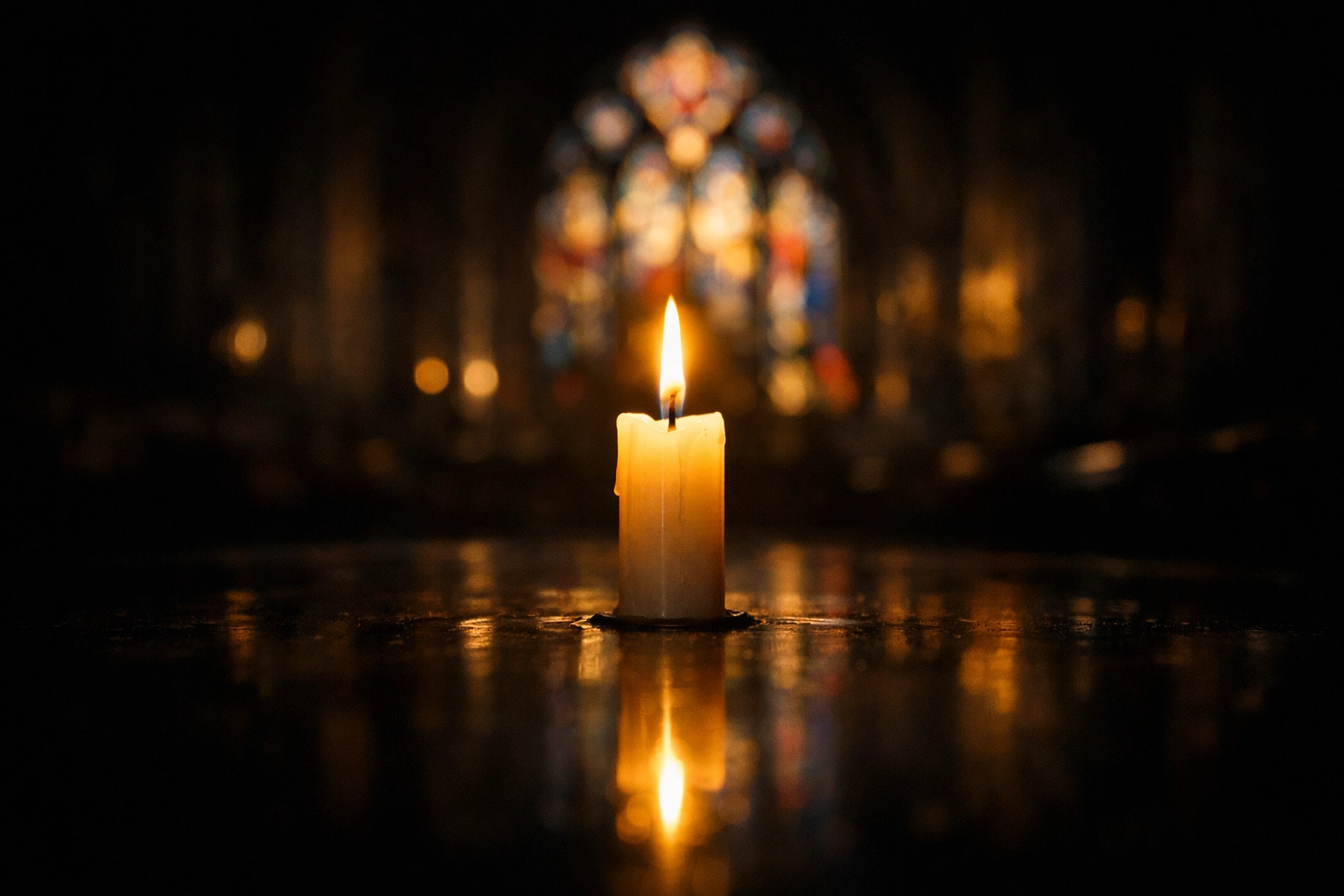 A lit candle in a darkened cathedral symbolizing the power of prayer and faith during times of global unrest.