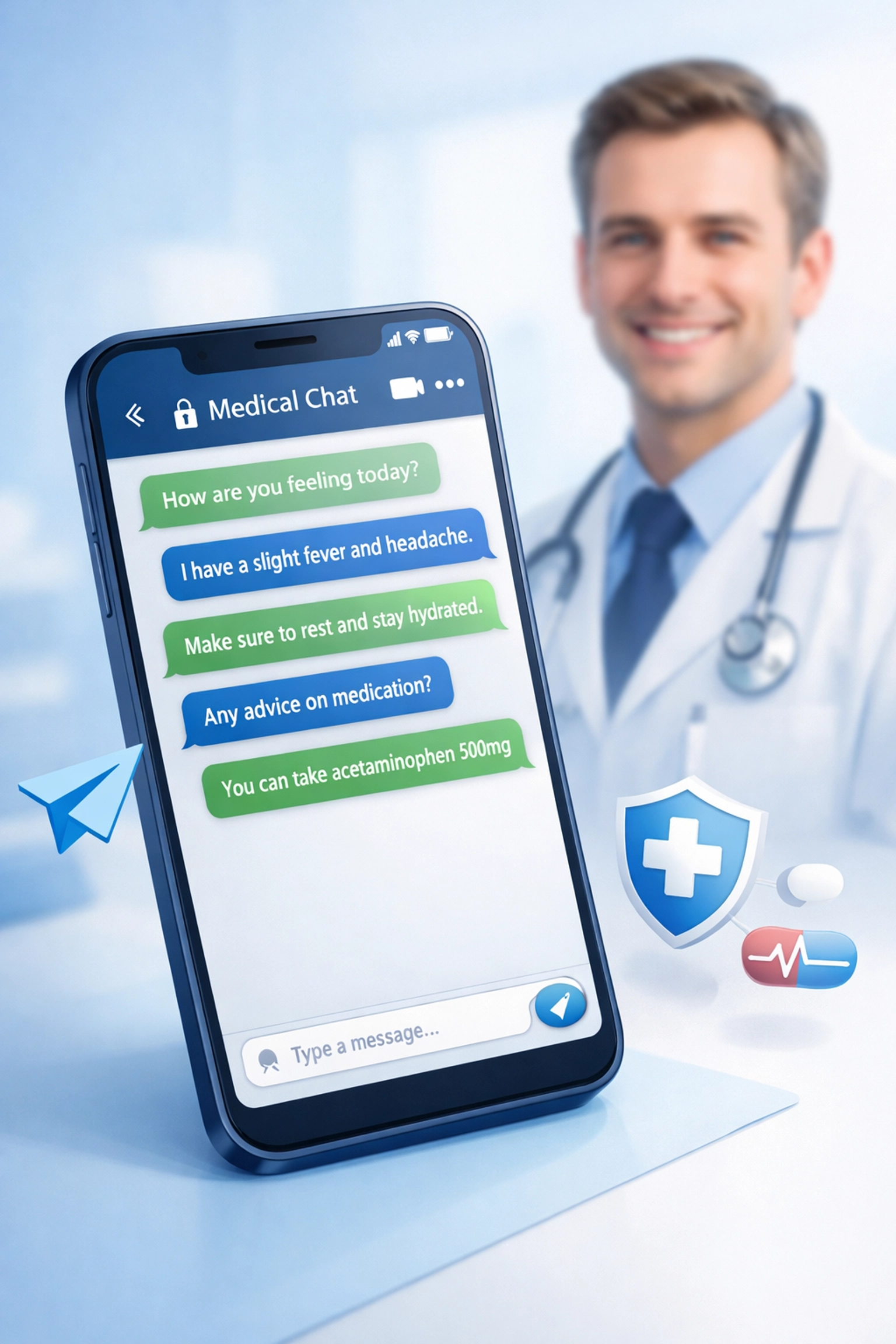 Doctor and smartphone showing text-based telehealth consultation with secure medical messaging