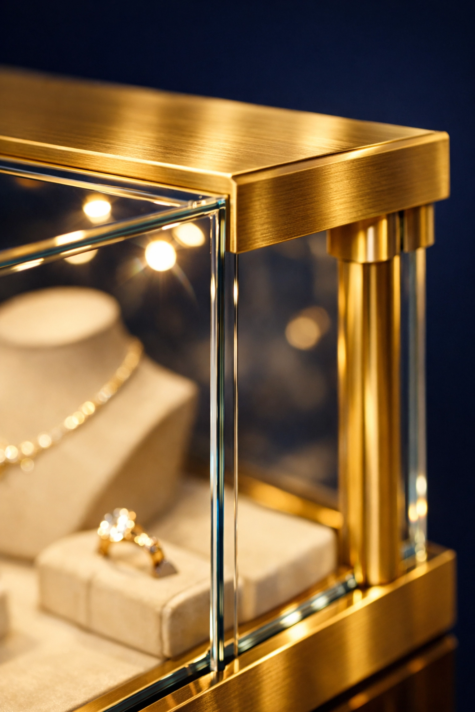 Fingerprint-free glass jewelry display case with gold accents in a high-end luxury boutique.