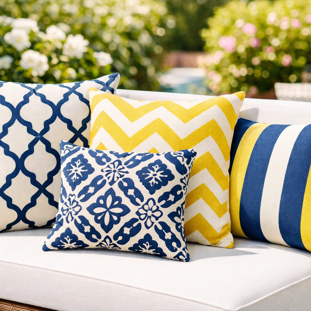 Spotless navy and yellow outdoor cushions after deep cleaning fabric for spring.