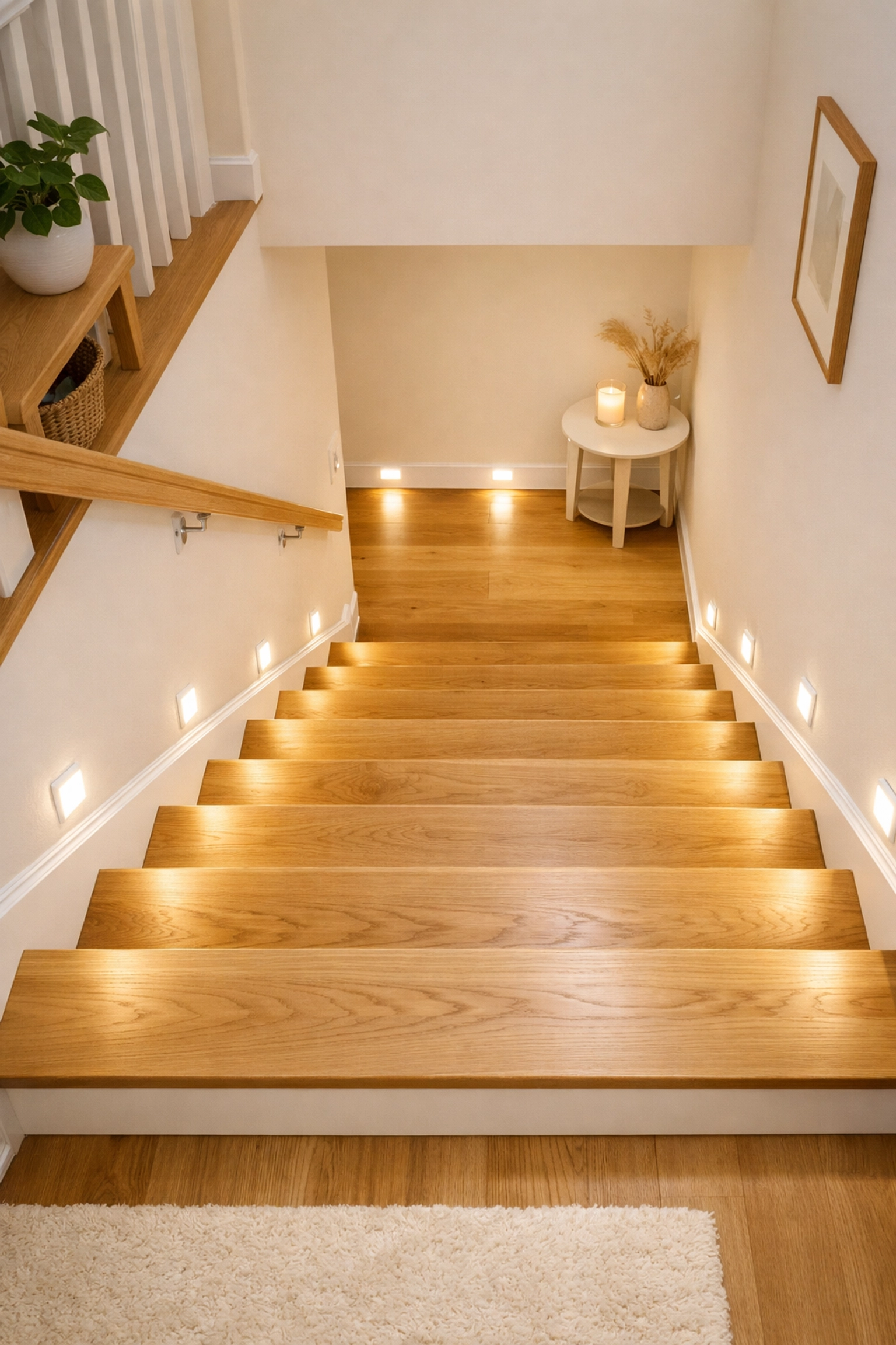 Modern wooden staircase illuminated by motion-sensor LED baseboard lights for fall prevention.