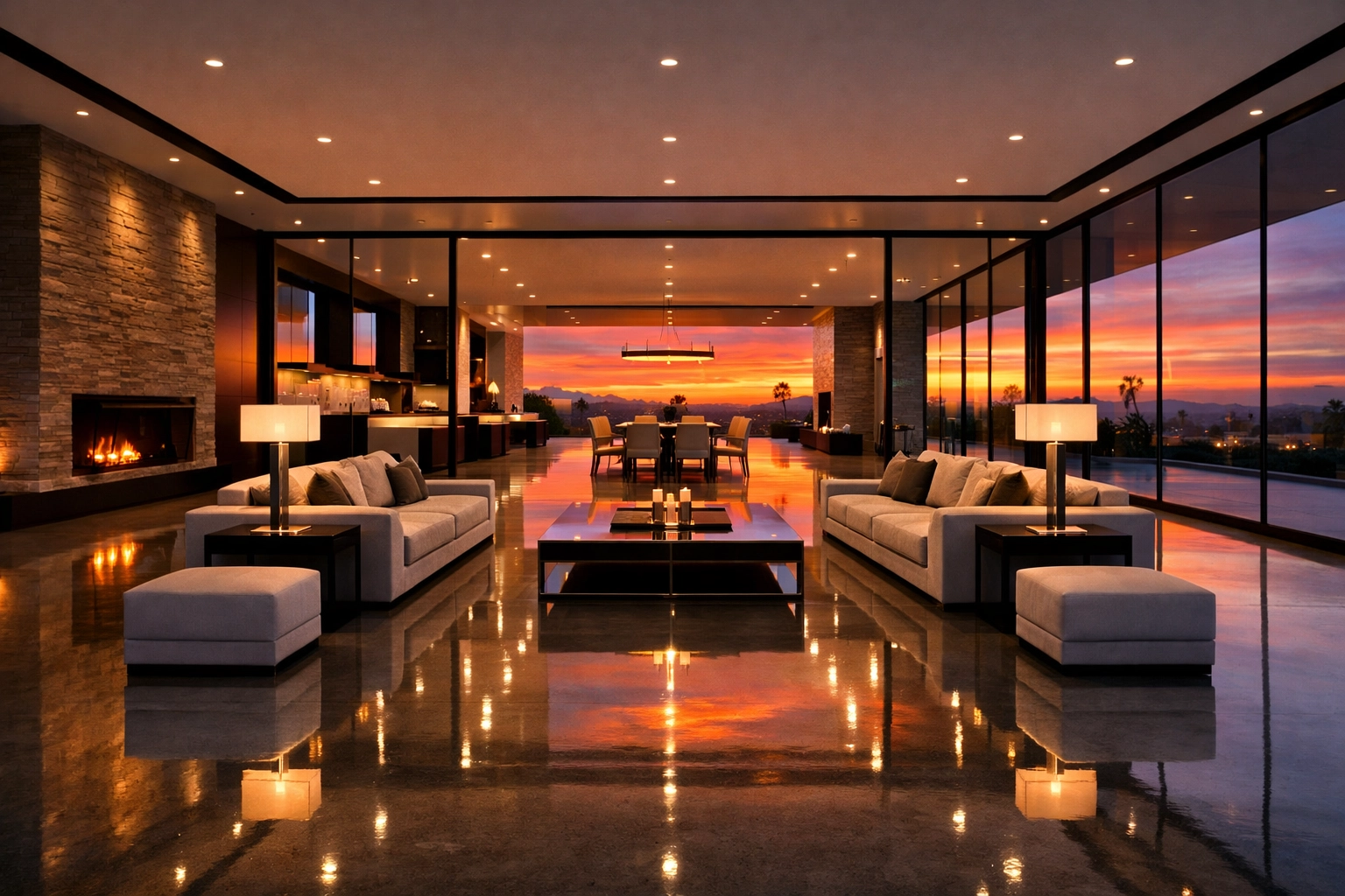 A professionally cleaned luxury living room reflecting sunset light on pristine floors.