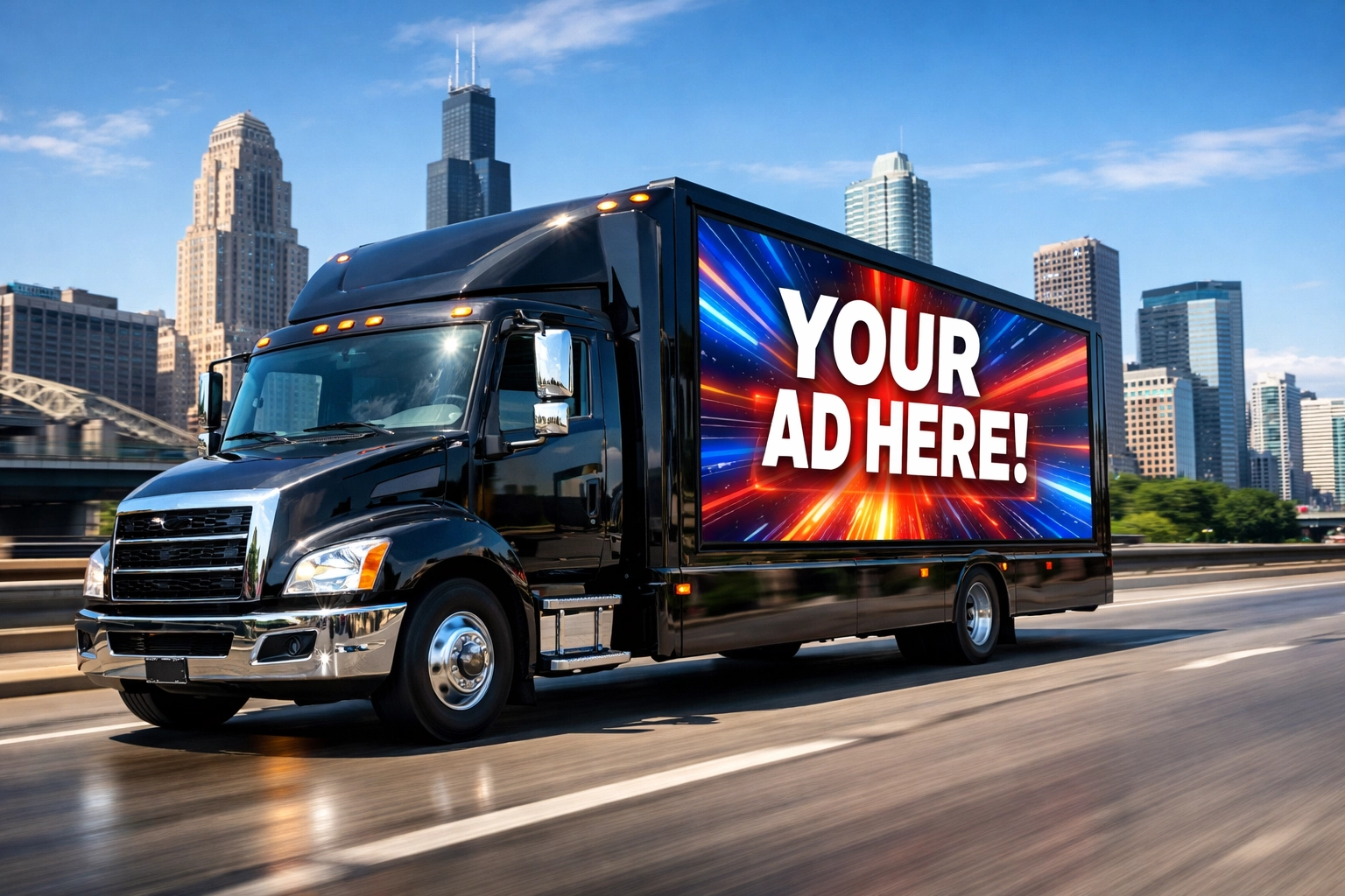 Digital billboard truck on a city highway reaching travelers with mobile highway ads.