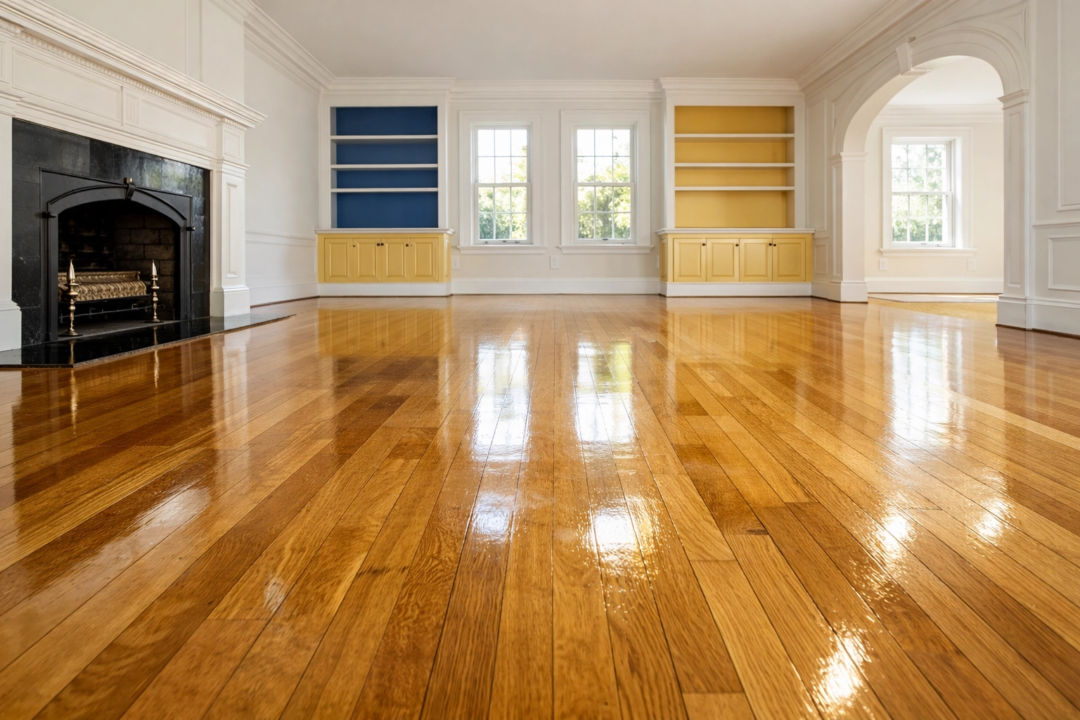 Spotless living room with polished floors after a move-out cleaning Cambridge session.