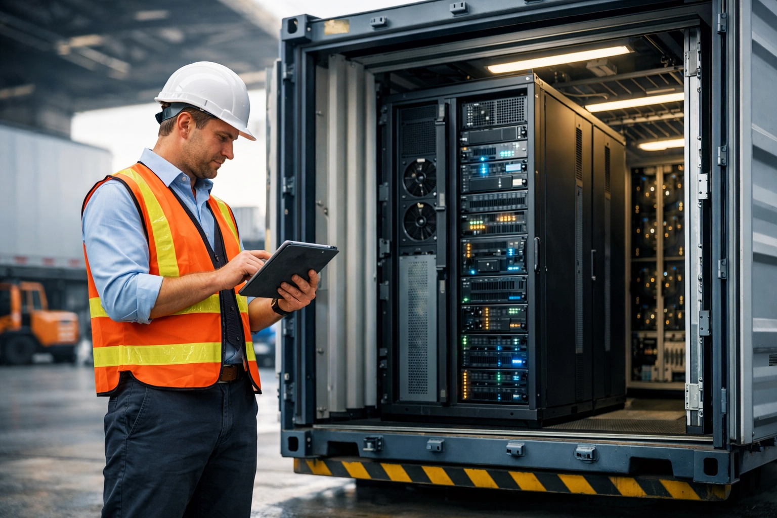 Logistics professional inspecting pod infrastructure in shipping container at loading dock