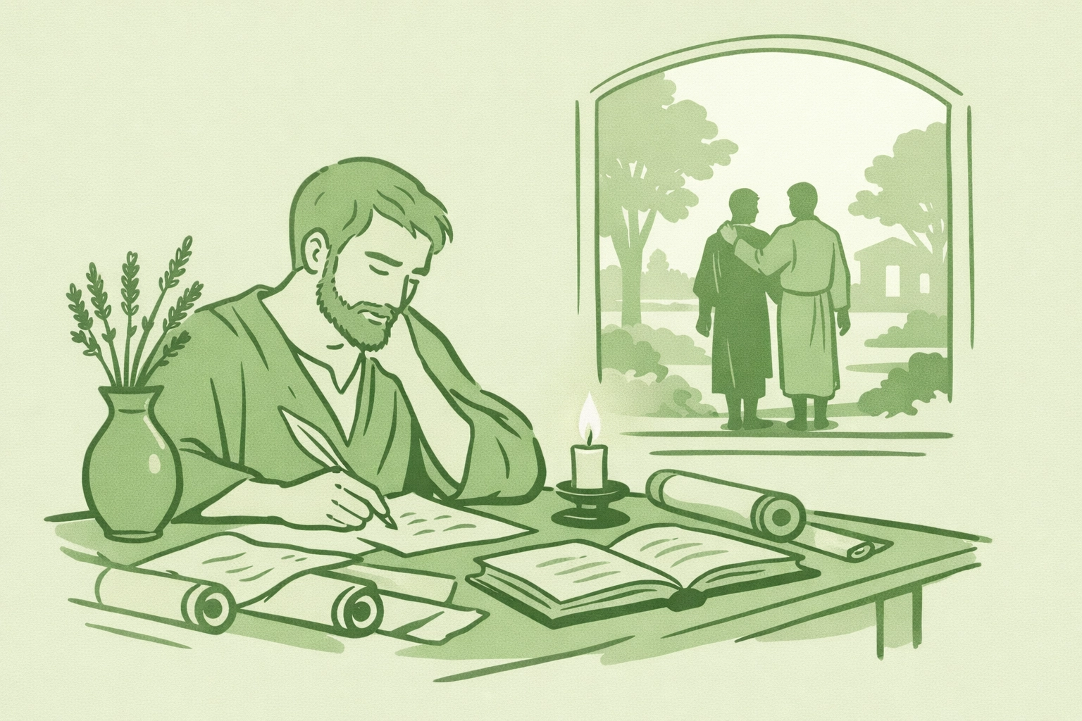 Male scholar researching ancient texts with lavender, silhouettes of two men in garden background