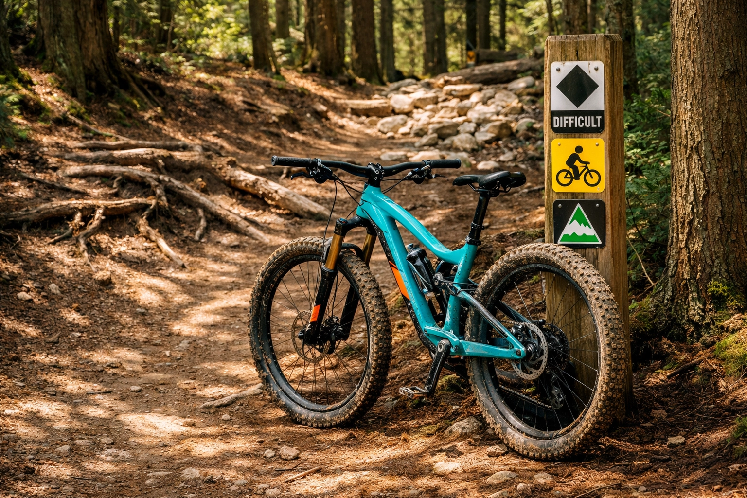 Full-suspension mountain bike at Charlotte trail with muddy tires after ride