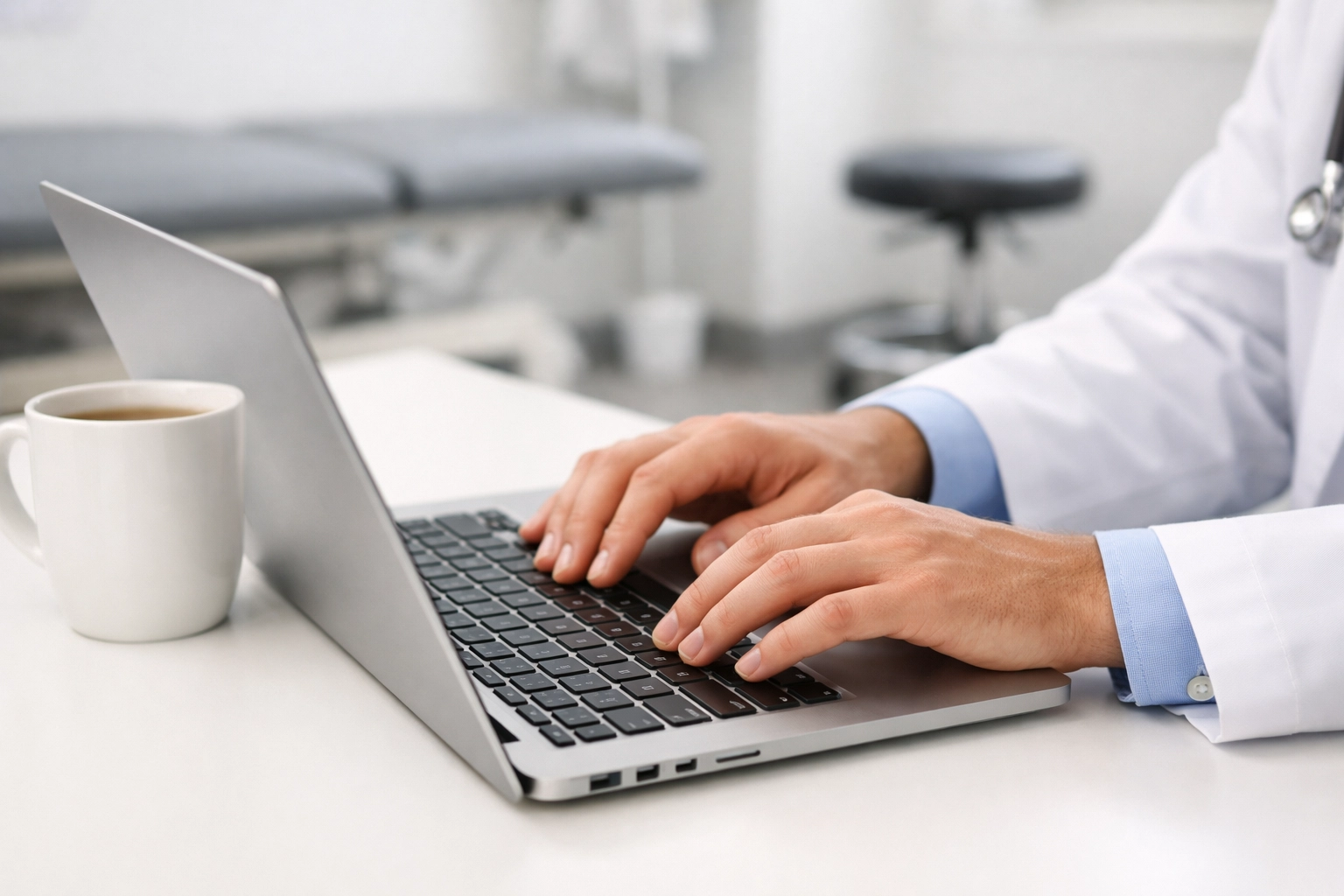 Medical billing specialist navigating insurance portals on a laptop in a physical therapy clinic.