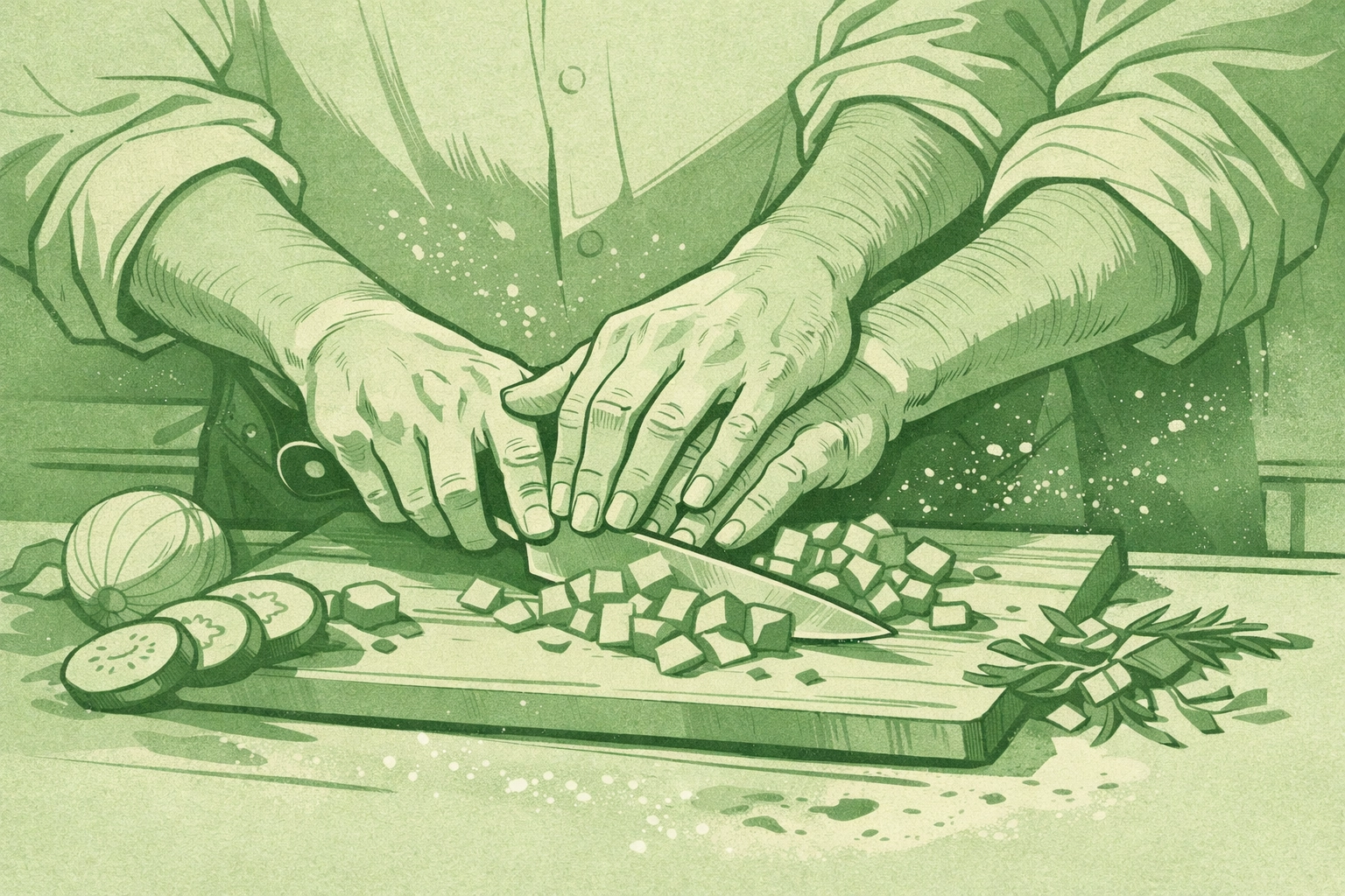 Two men's hands work together preparing food in kitchen - culinary romance scene