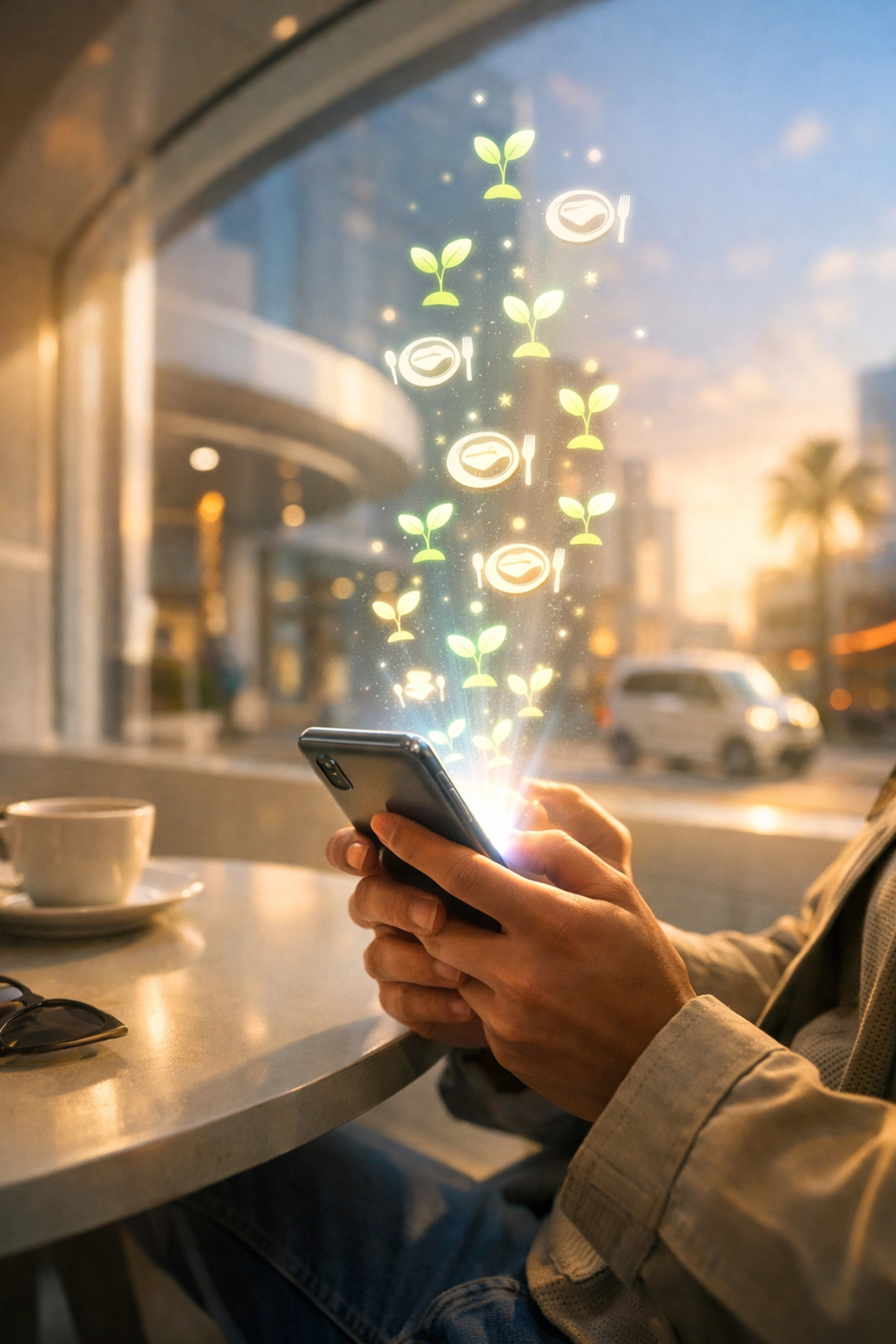 Mobile user in a cafe shopping with crypto while icons represent Larecoin’s automated charitable donations.
