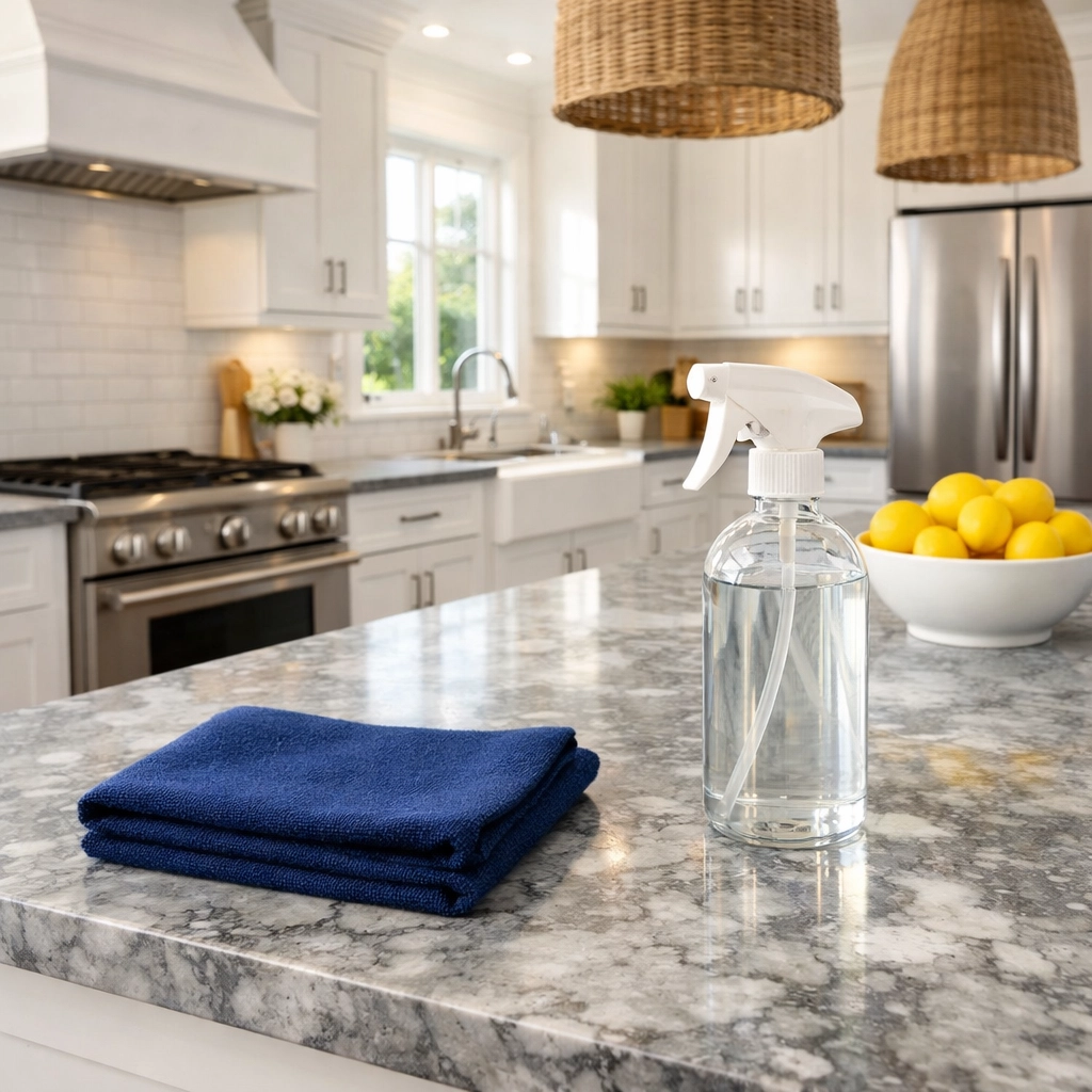 Spotless modern kitchen in Eastham, MA, showcasing professional house cleaning and eco-friendly supplies.