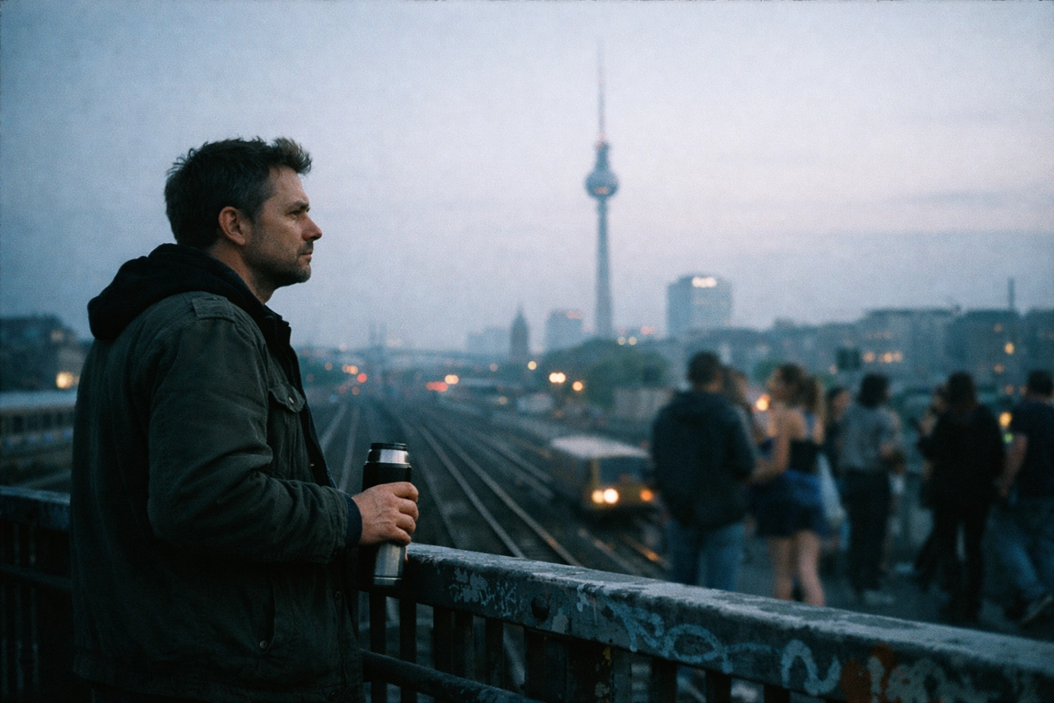 Sober man watching the sunrise over Berlin from the Warschauer Straße bridge.