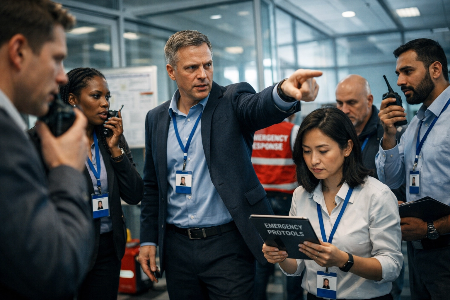 Emergency response simulation exercise with corporate professionals practicing crisis protocols