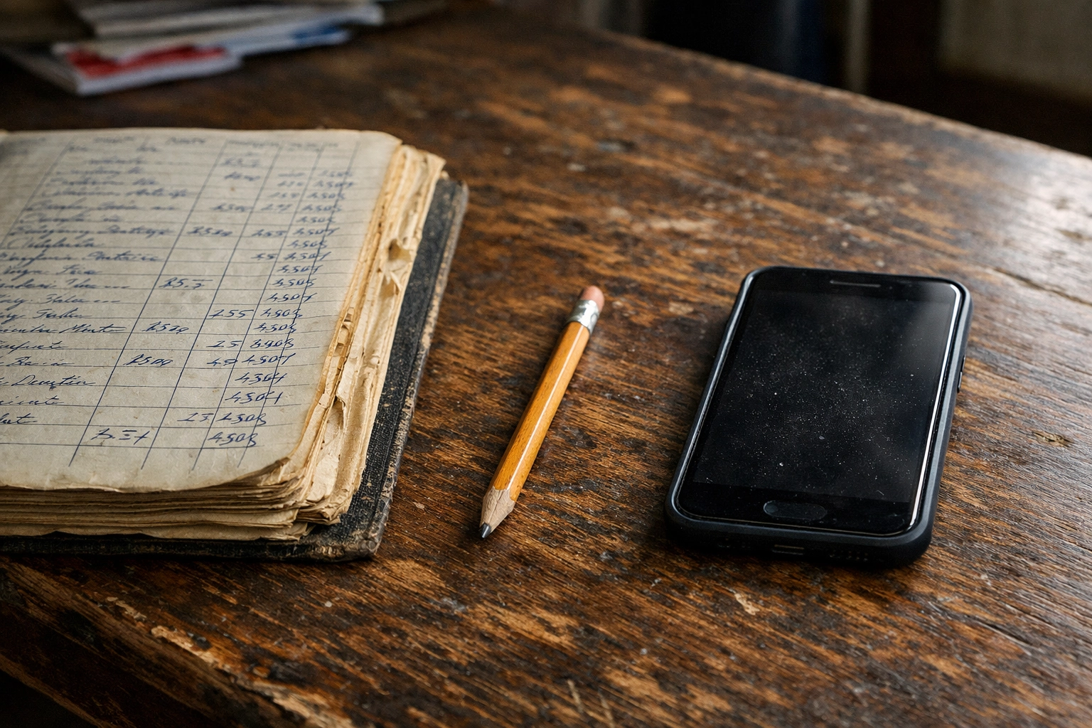 An old paper fair ledger beside a modern smartphone on a wooden table, representing ag society system upgrades.