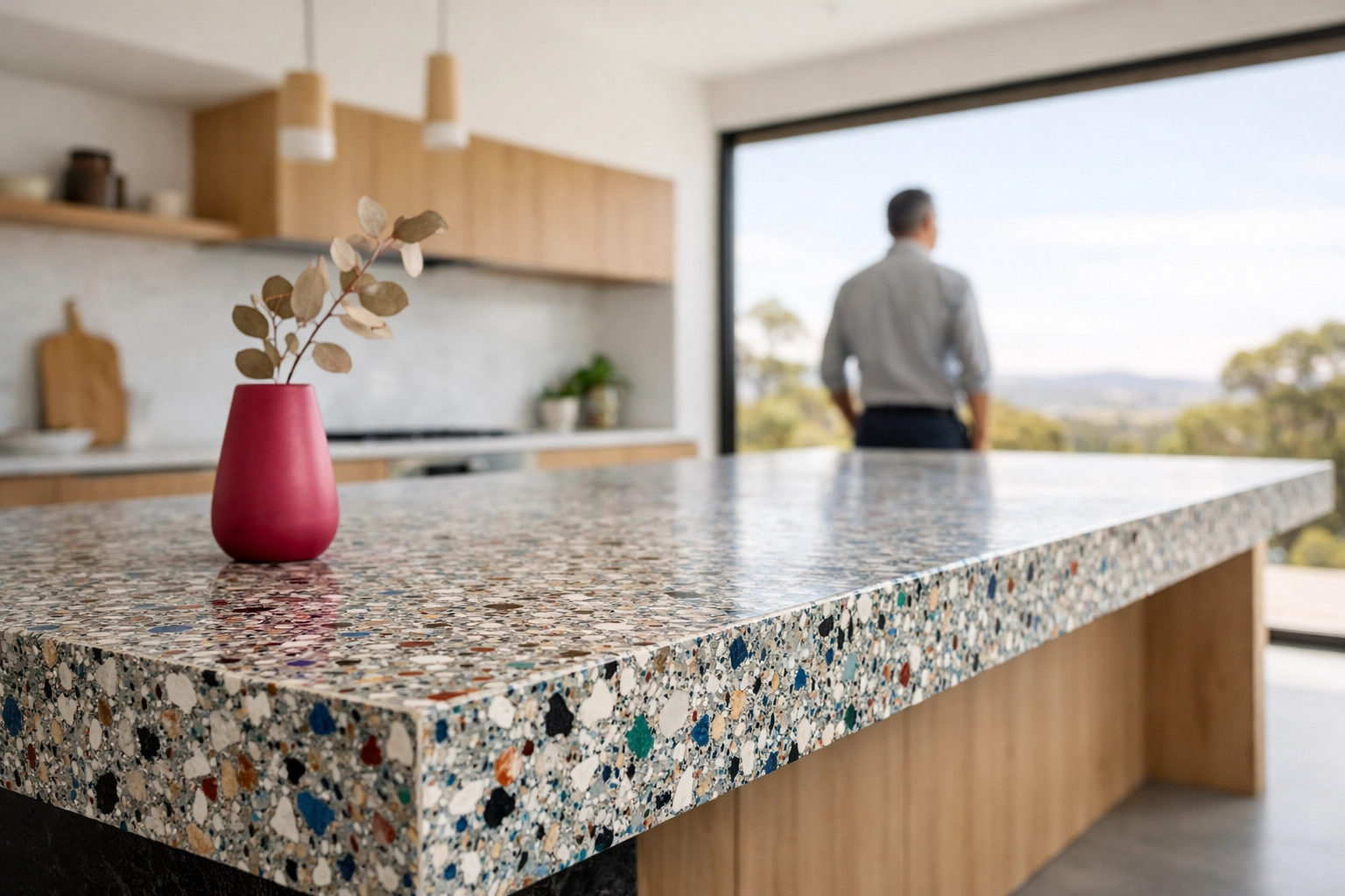 Modern kitchen island featuring a sustainable multi-coloured recycled plastic benchtop.