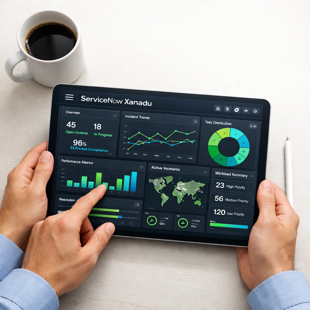ServiceNow implementation partner using a tablet to monitor ITOM KPIs and platform health metrics.