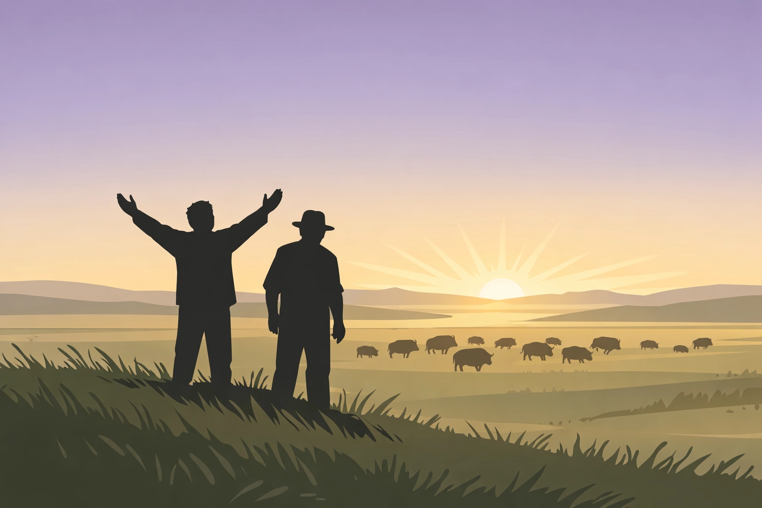 Two-Spirit ceremony on Plains prairie at dawn with figure honoring the four directions