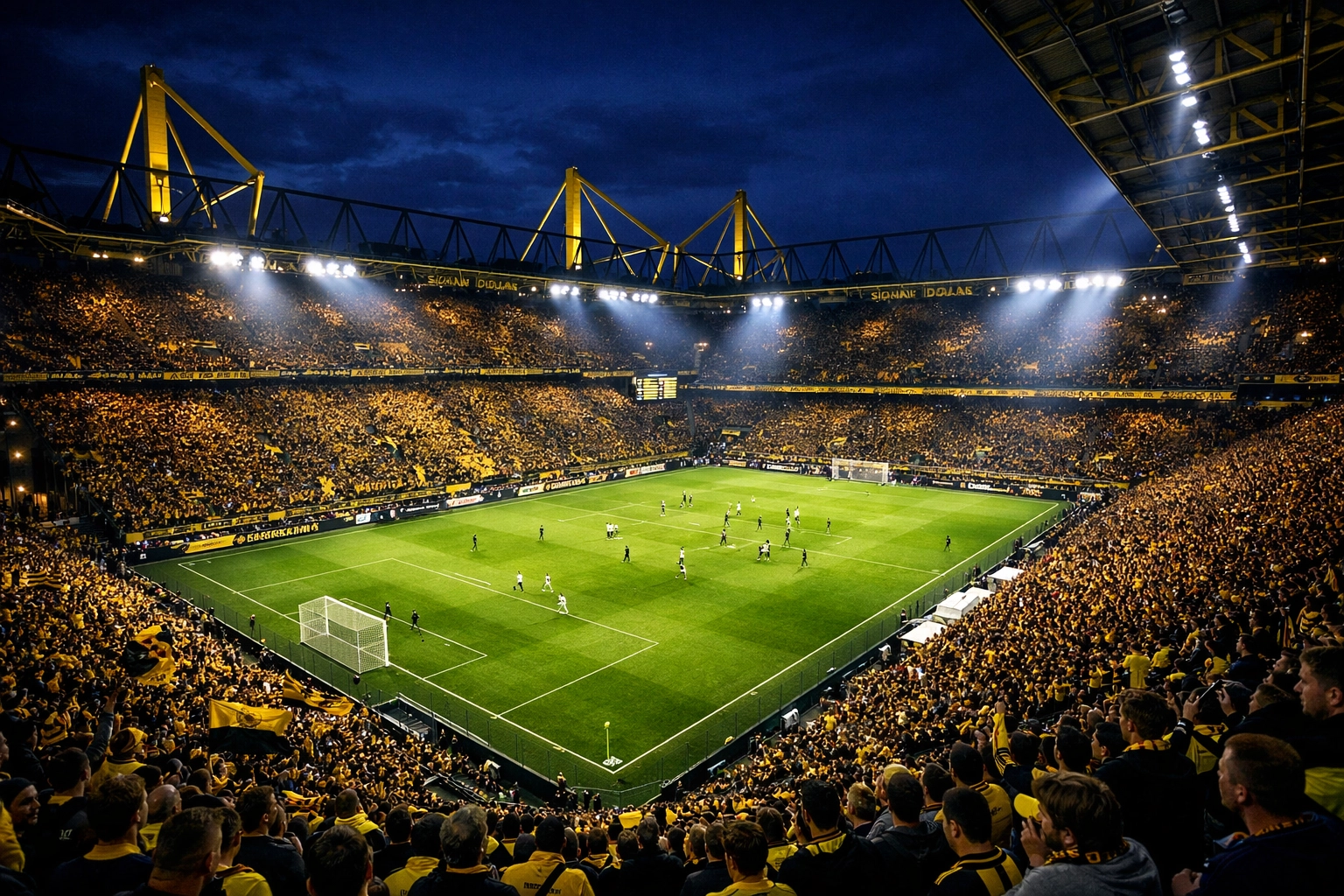 Signal Iduna Park Stadion bei Nacht während BVB Bundesliga-Heimspiel mit Fans