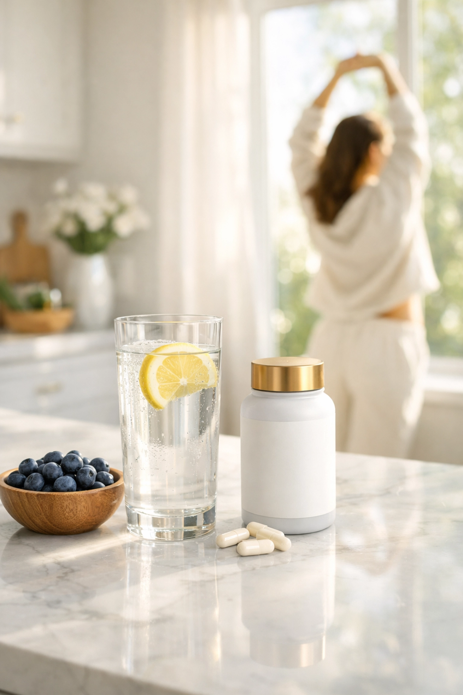 A healthy morning routine featuring supplements and fresh fruit in a bright, modern kitchen.