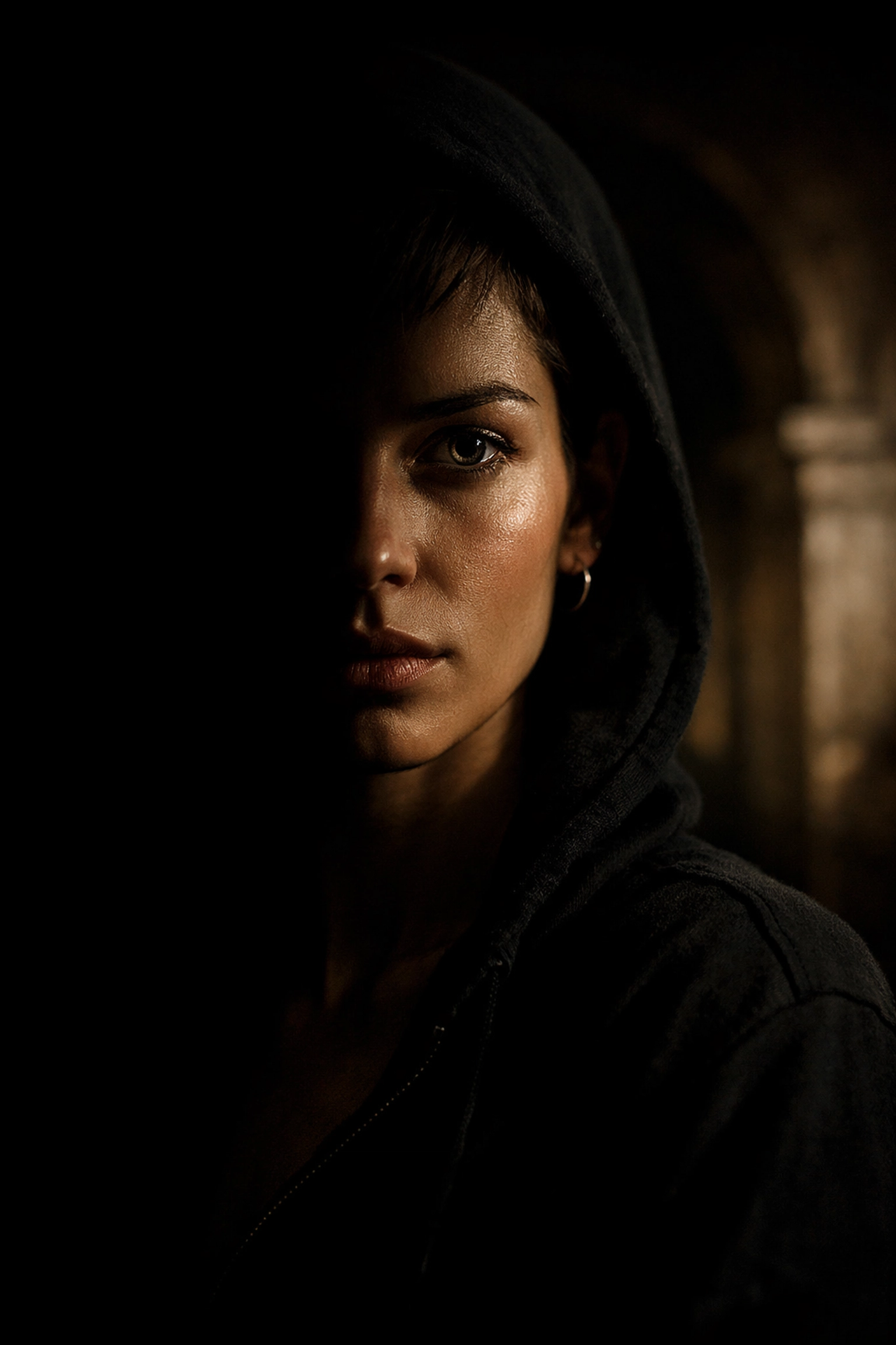 Expert photo editing secrets using deep shadows to create depth and dimension in a portrait.