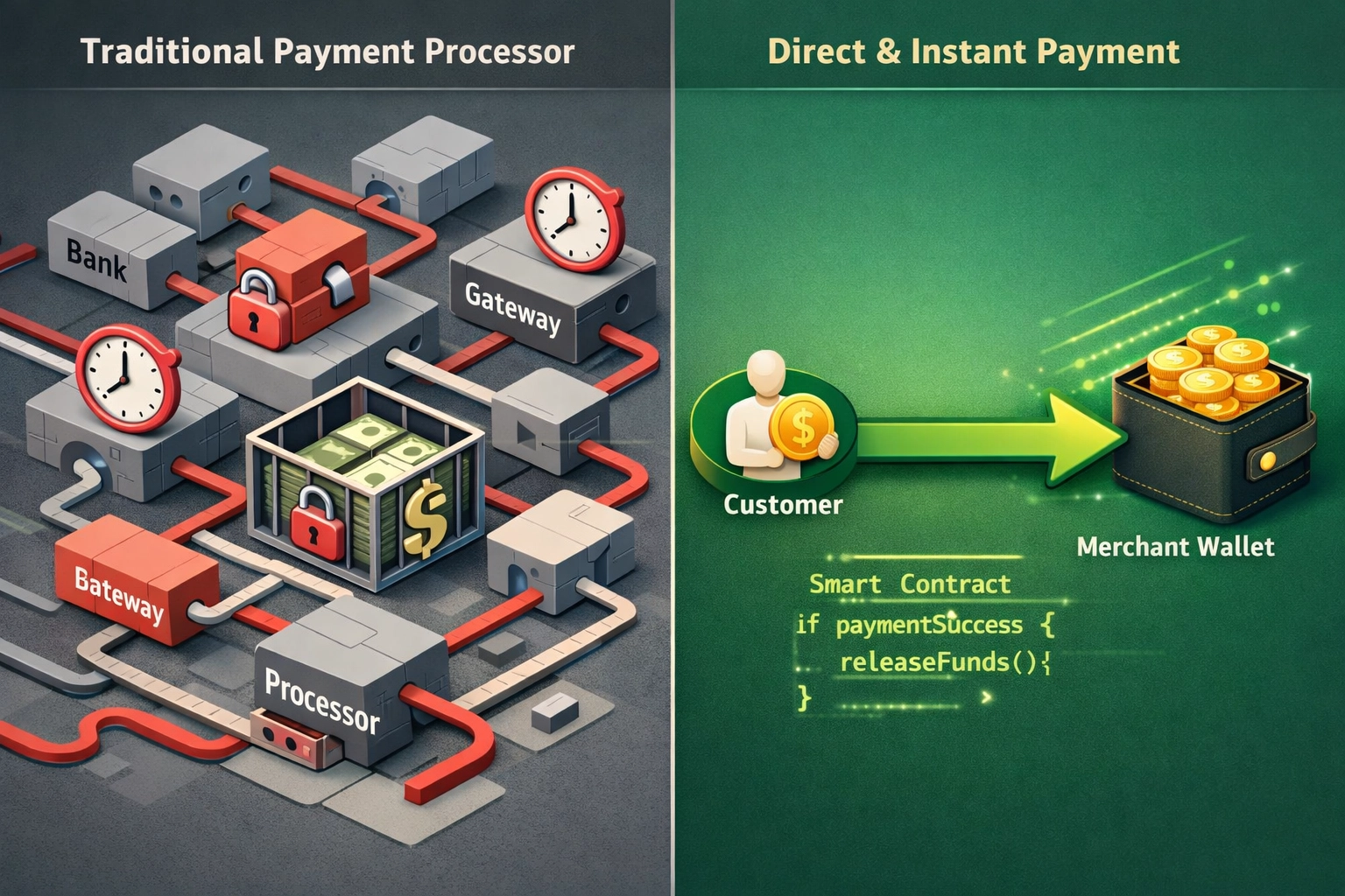 Comparison of complex traditional payment processor vs direct crypto payment to merchant wallet