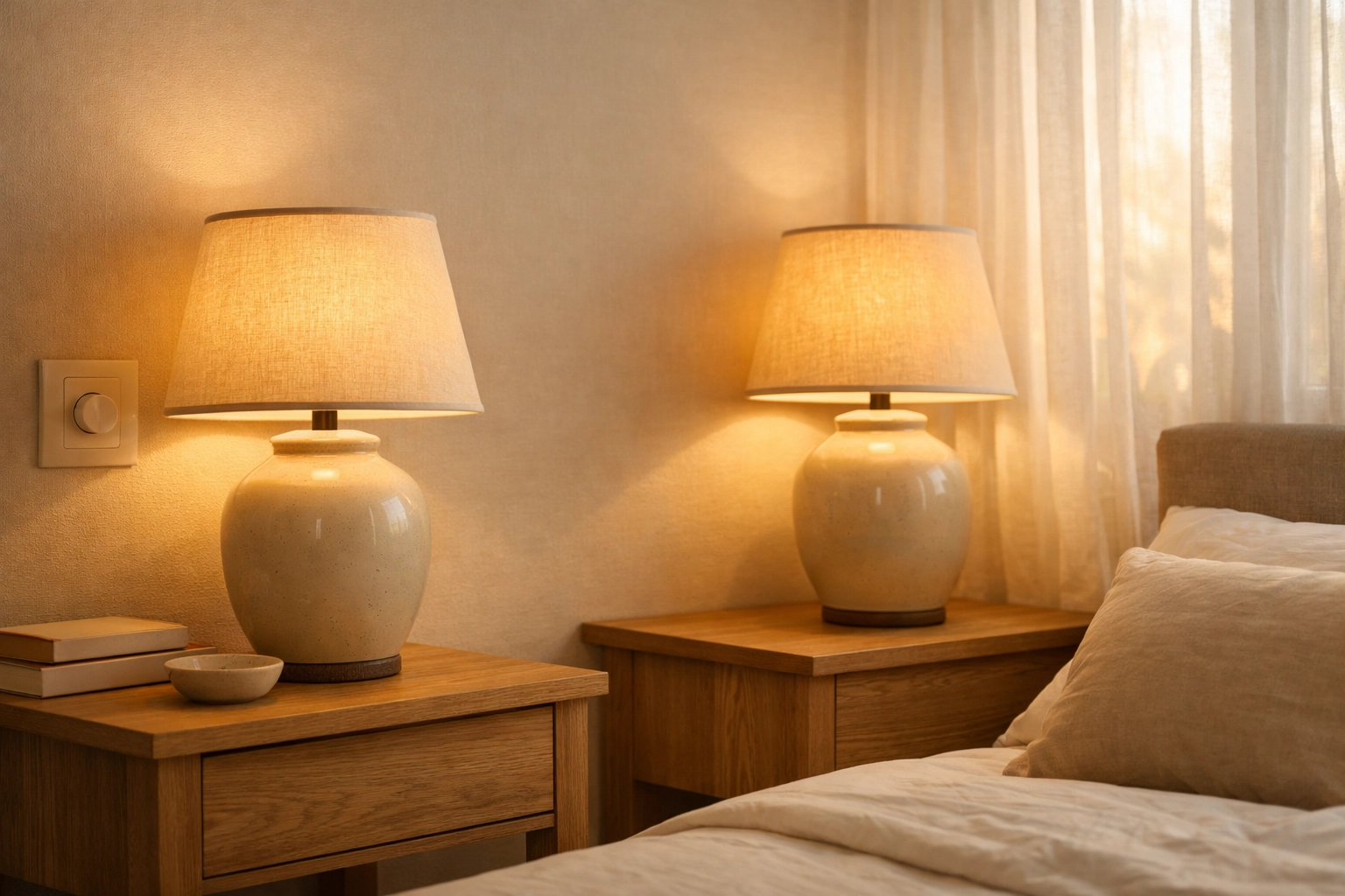 Bedside table lamps creating warm ambient lighting in contemporary bedroom design