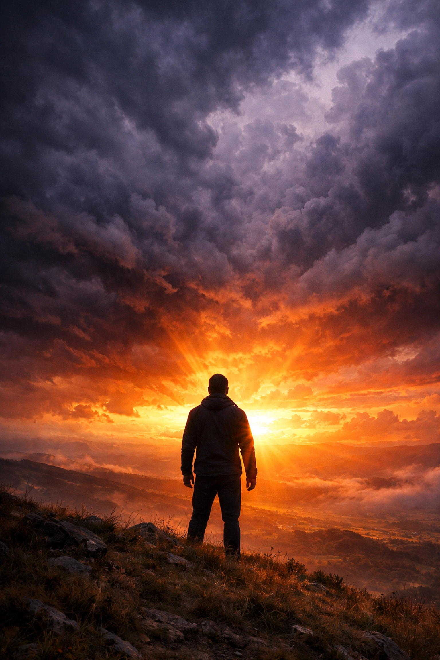 Hope breaking through darkness as sunrise pierces storm clouds, symbolizing biblical promise