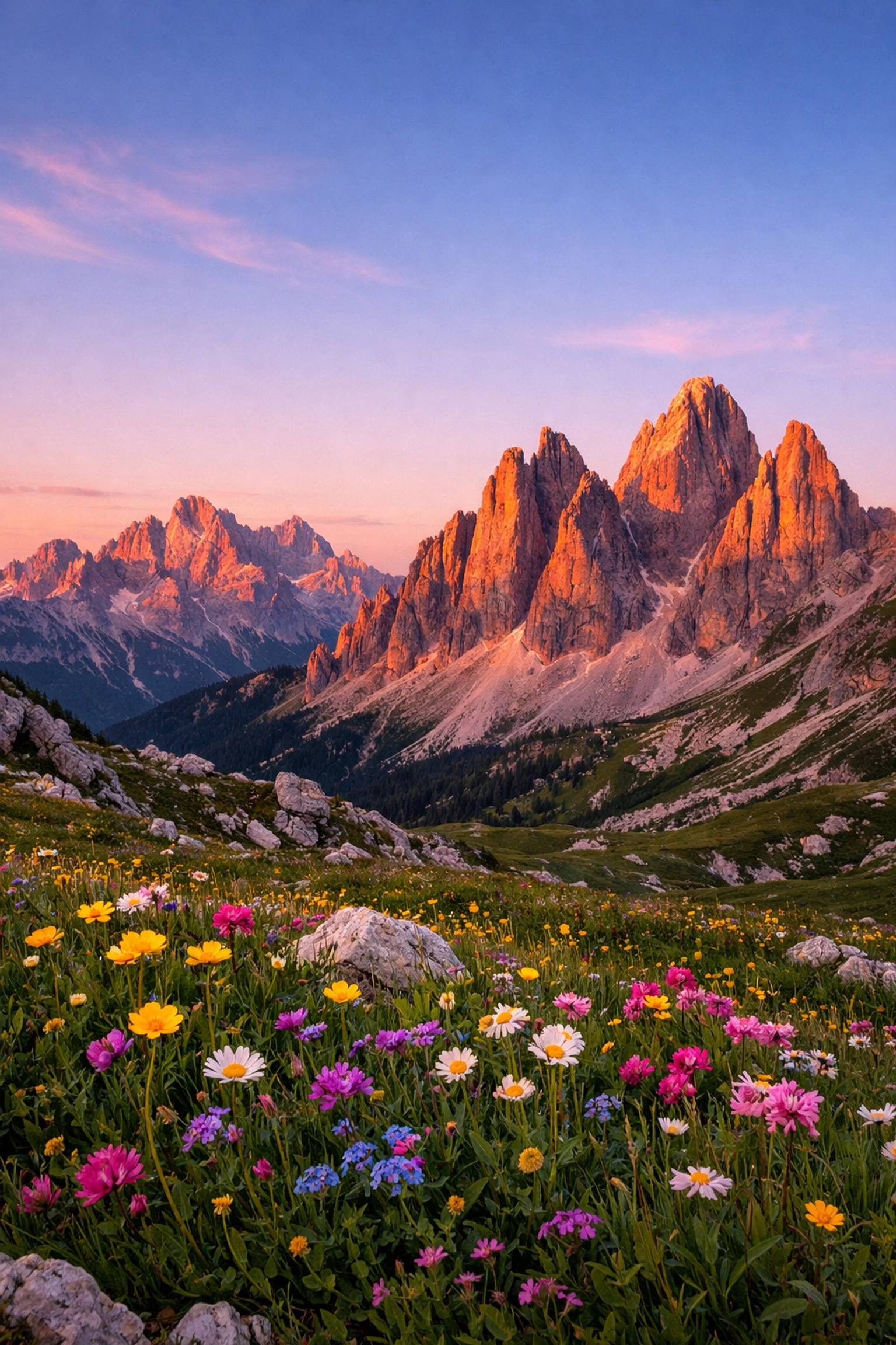 Realistic landscape photography of mountain peaks at sunset with natural color and clean editing.