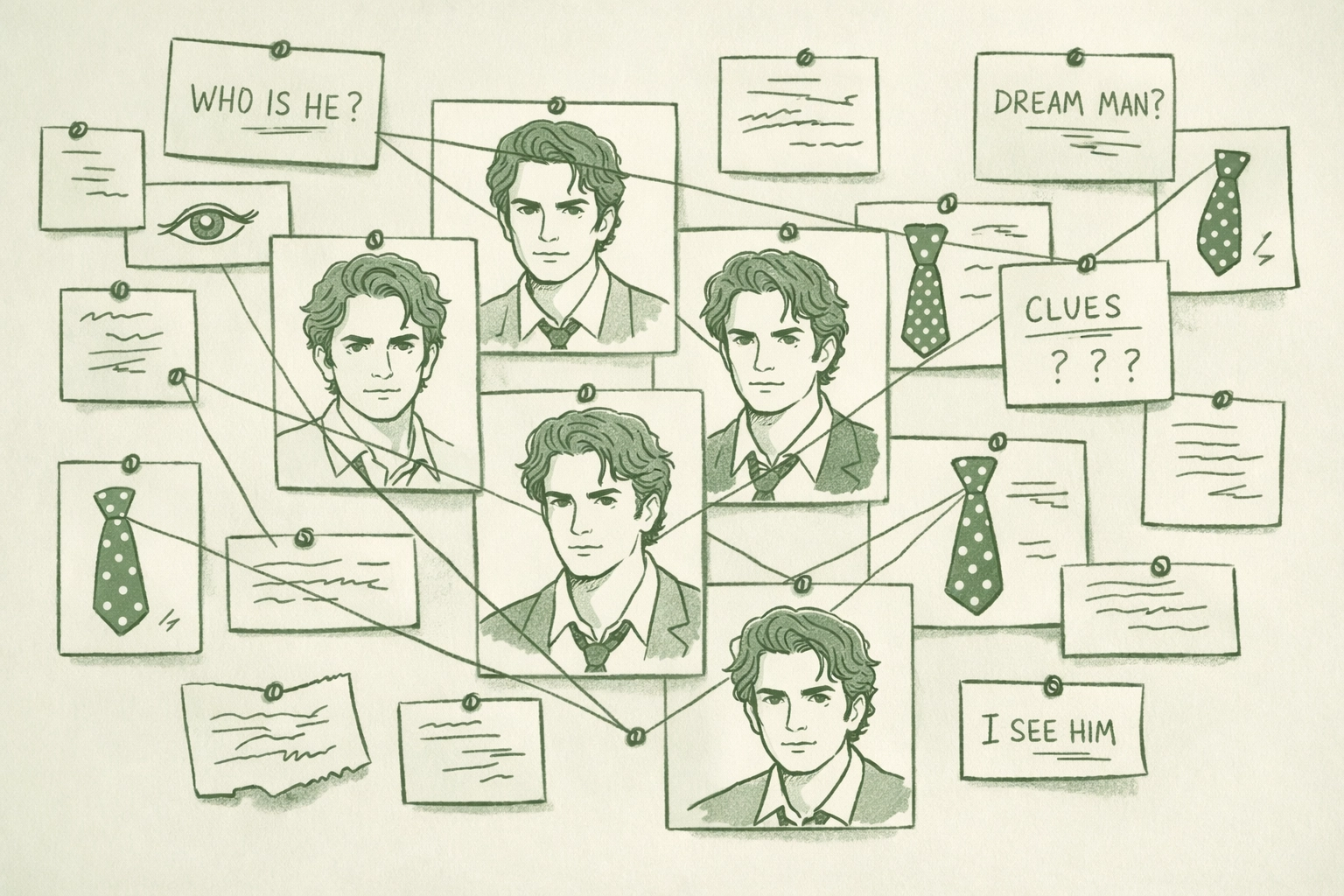 Obsessive search wall with sketches of dream man - queer fiction psychological depth