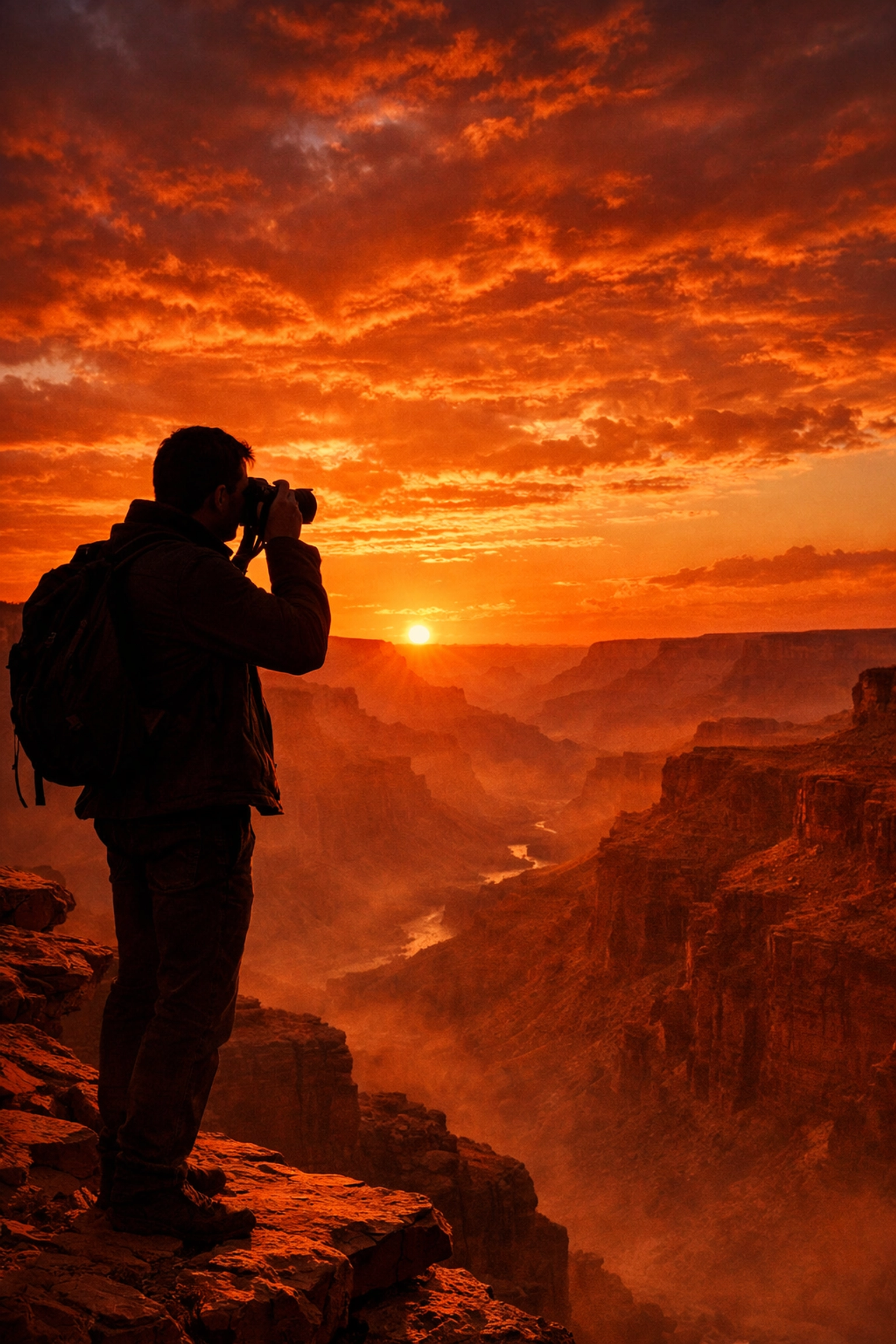 Photographer at a canyon edge during sunset, contrasting real-world shots with AI-powered photography news.