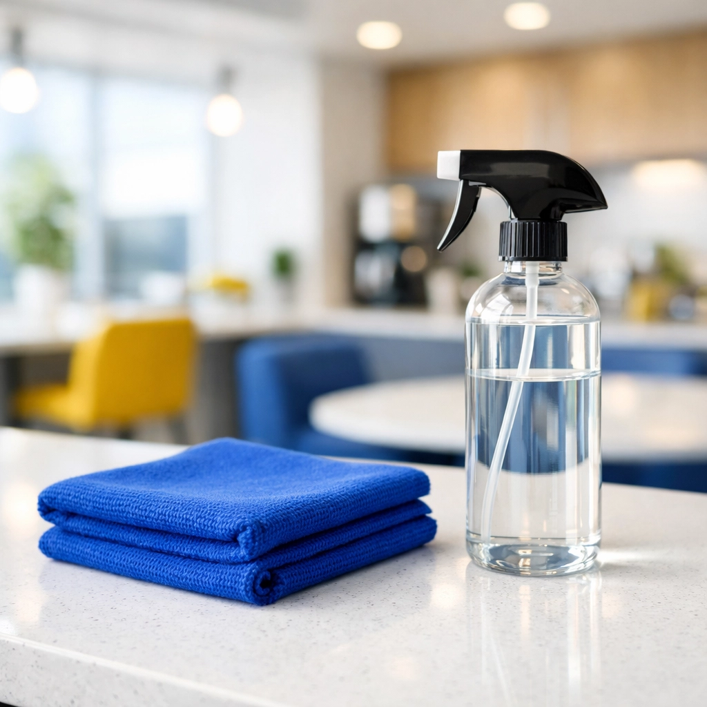Eco-friendly commercial cleaning supplies and a microfiber cloth in a modern Paxton office breakroom.