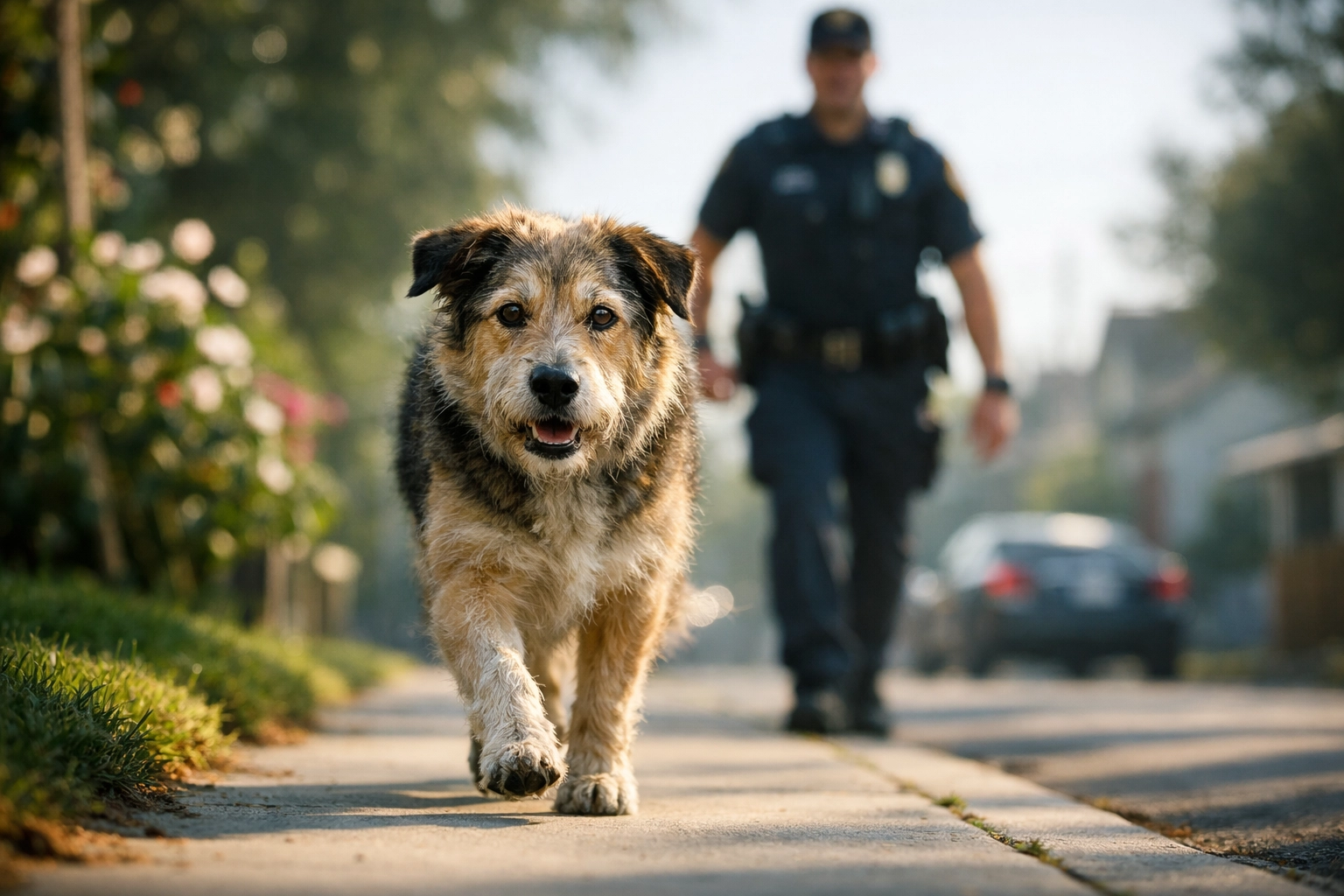 A neighborhood dog leads a police officer down a suburban sidewalk to rescue a missing child.