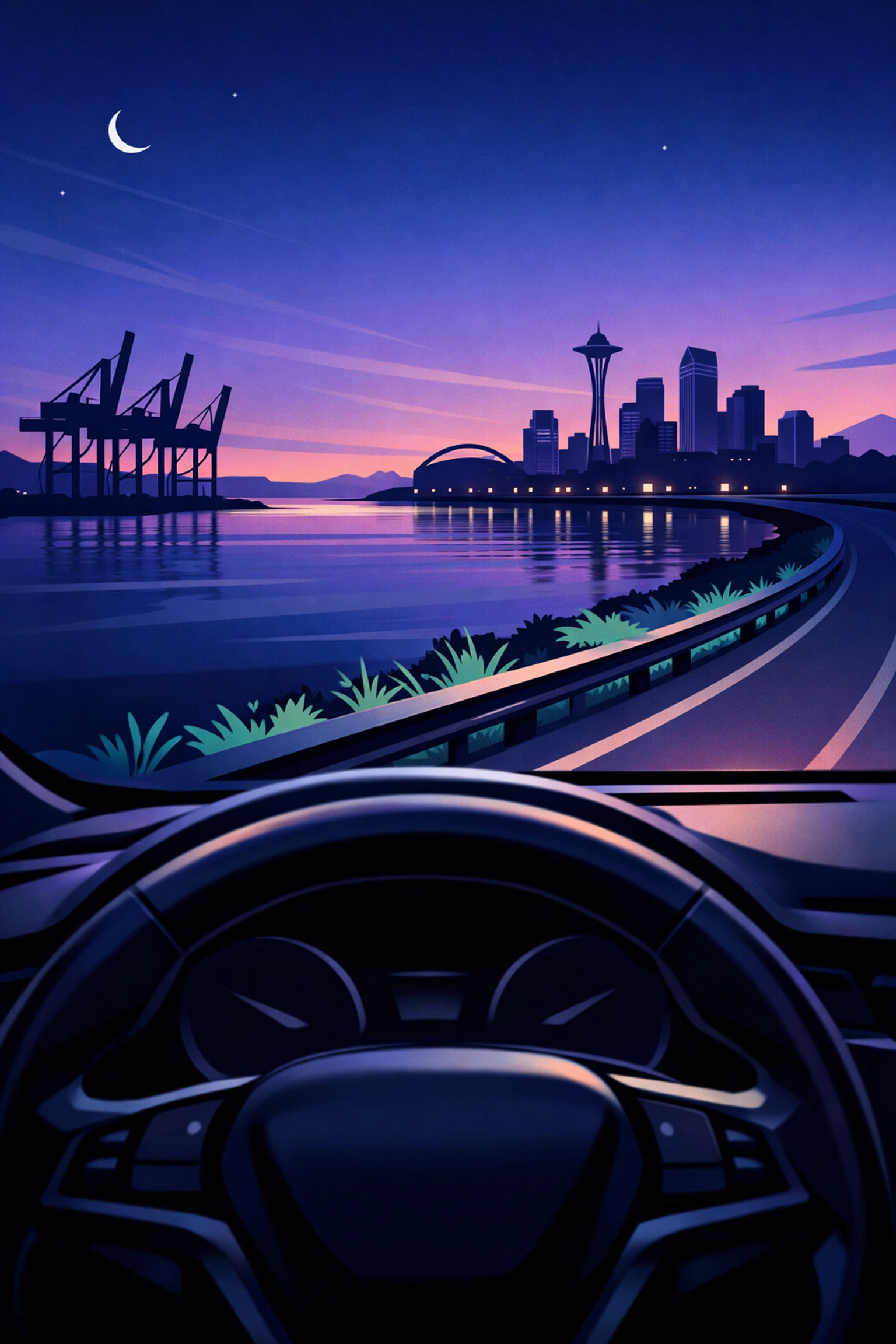 Coastal HGV driving route overlooking the Liverpool skyline and Mersey waterfront.