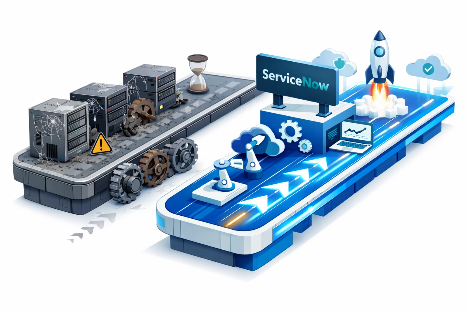 ServiceNow automation workflow optimization comparing legacy and modern infrastructure deployment