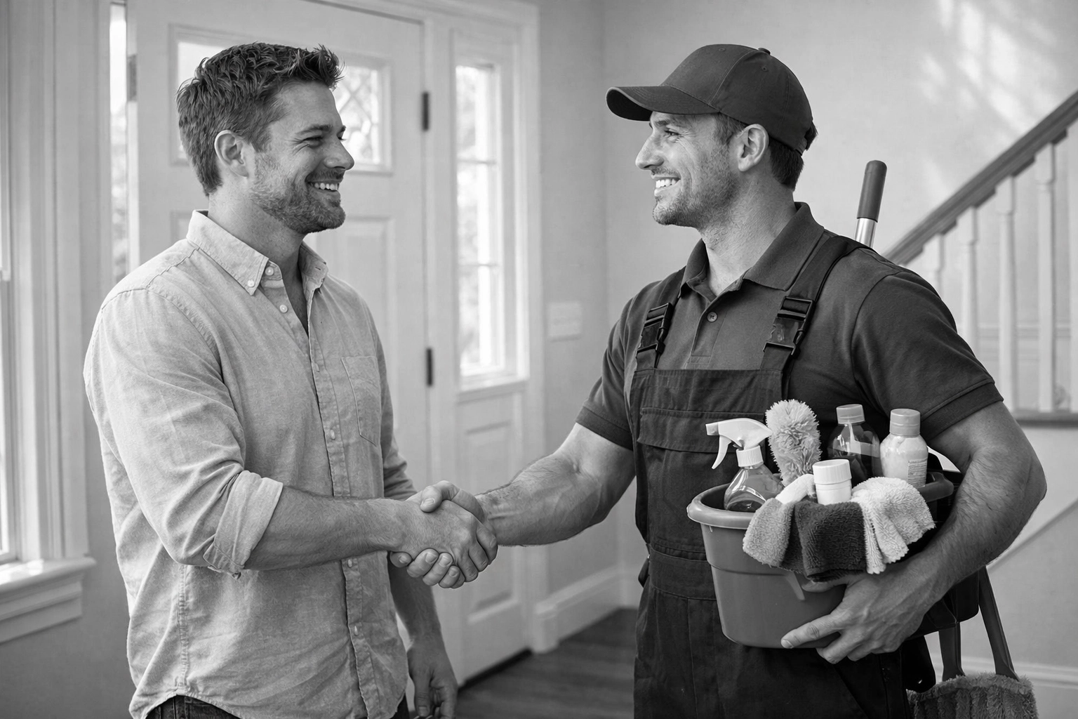 Satisfied customer and cleaning professional building trust through quality service