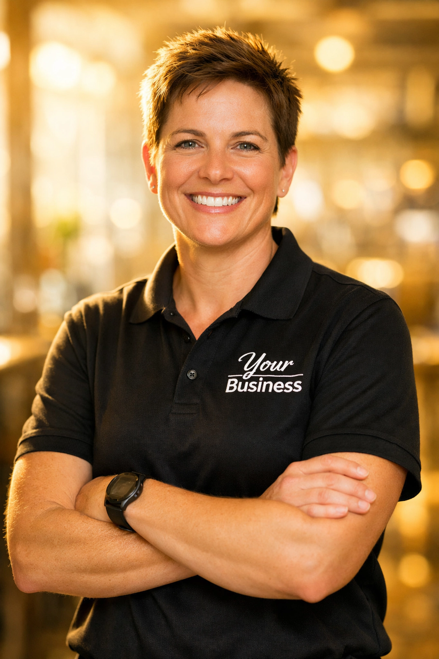 Professional small business owner wearing a custom embroidered black polo shirt for corporate branding.