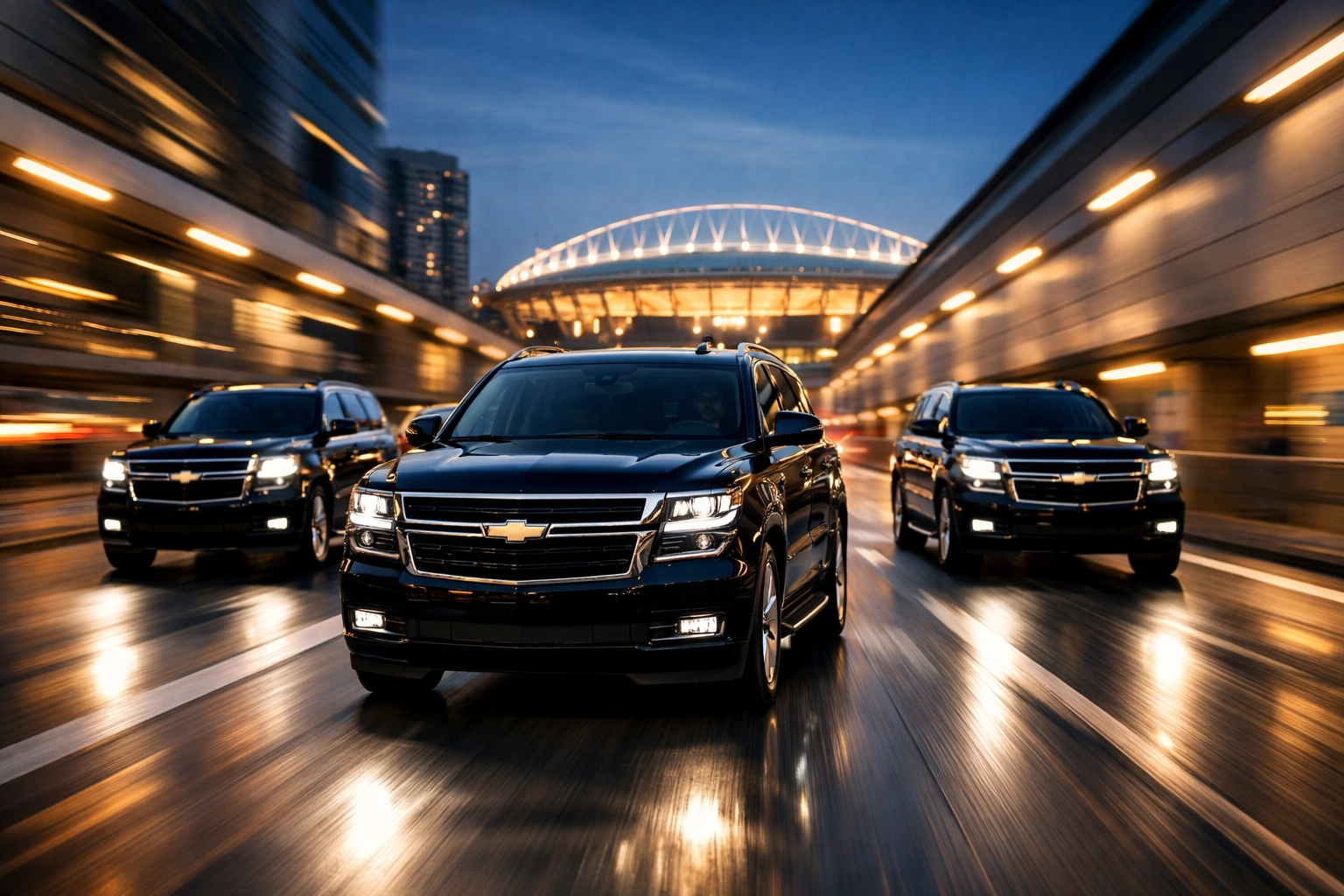 Executive SUV convoy driving toward a professional sports stadium for corporate branding events.