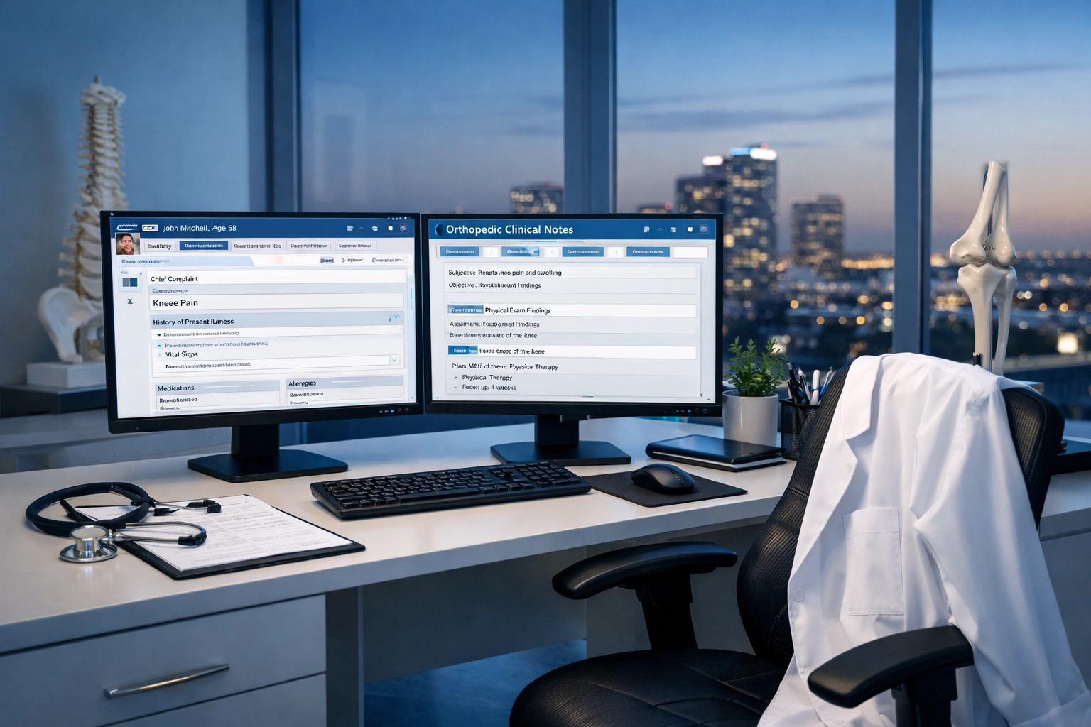 Modern medical workstation with AI clinical documentation software in a cardiology office setting